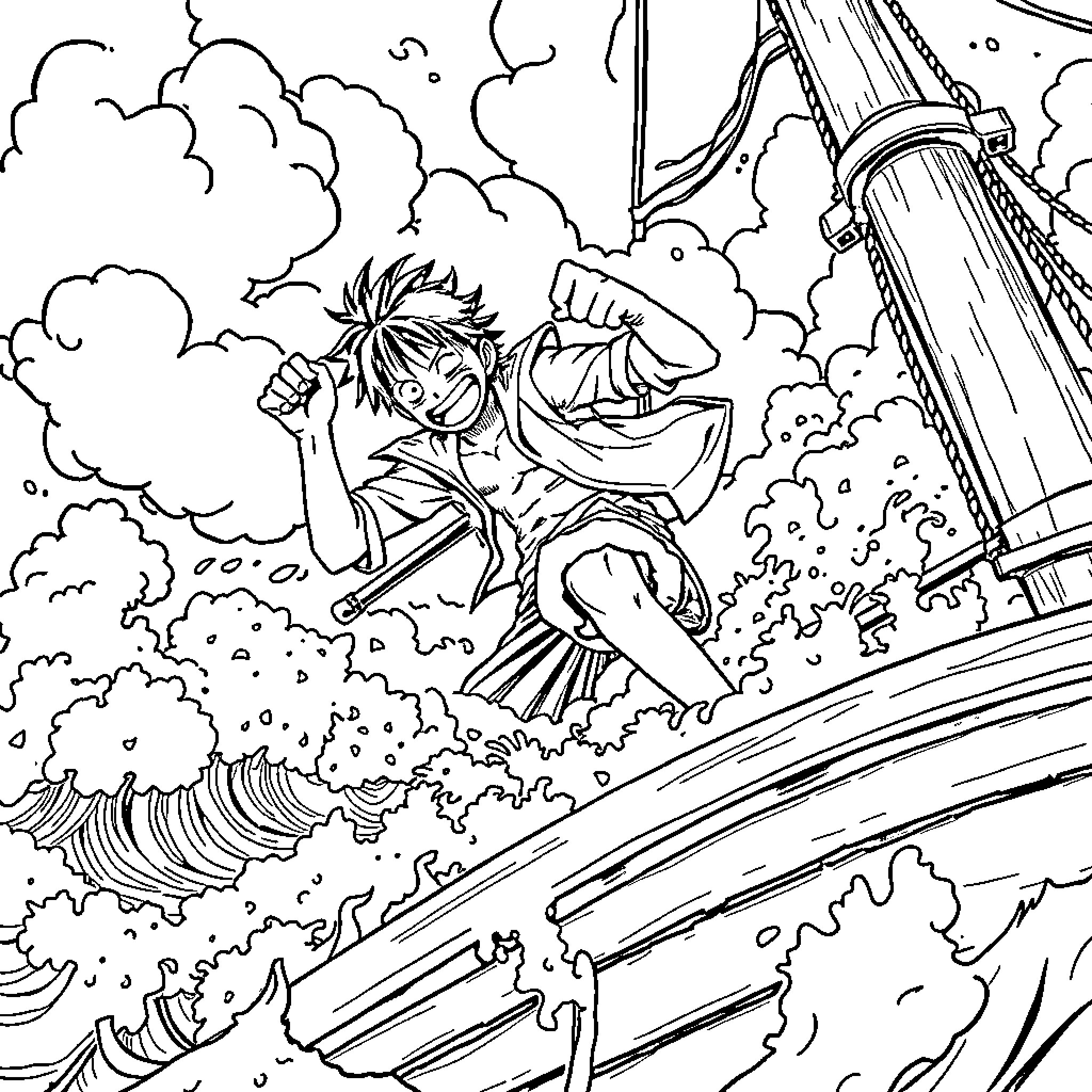 Luffy Navigating Treacherous Seas Coloring Page (free black-and-white line drawing printable PDF for all, from beginners to advanced learners, including children, teens, adults, and seniors)