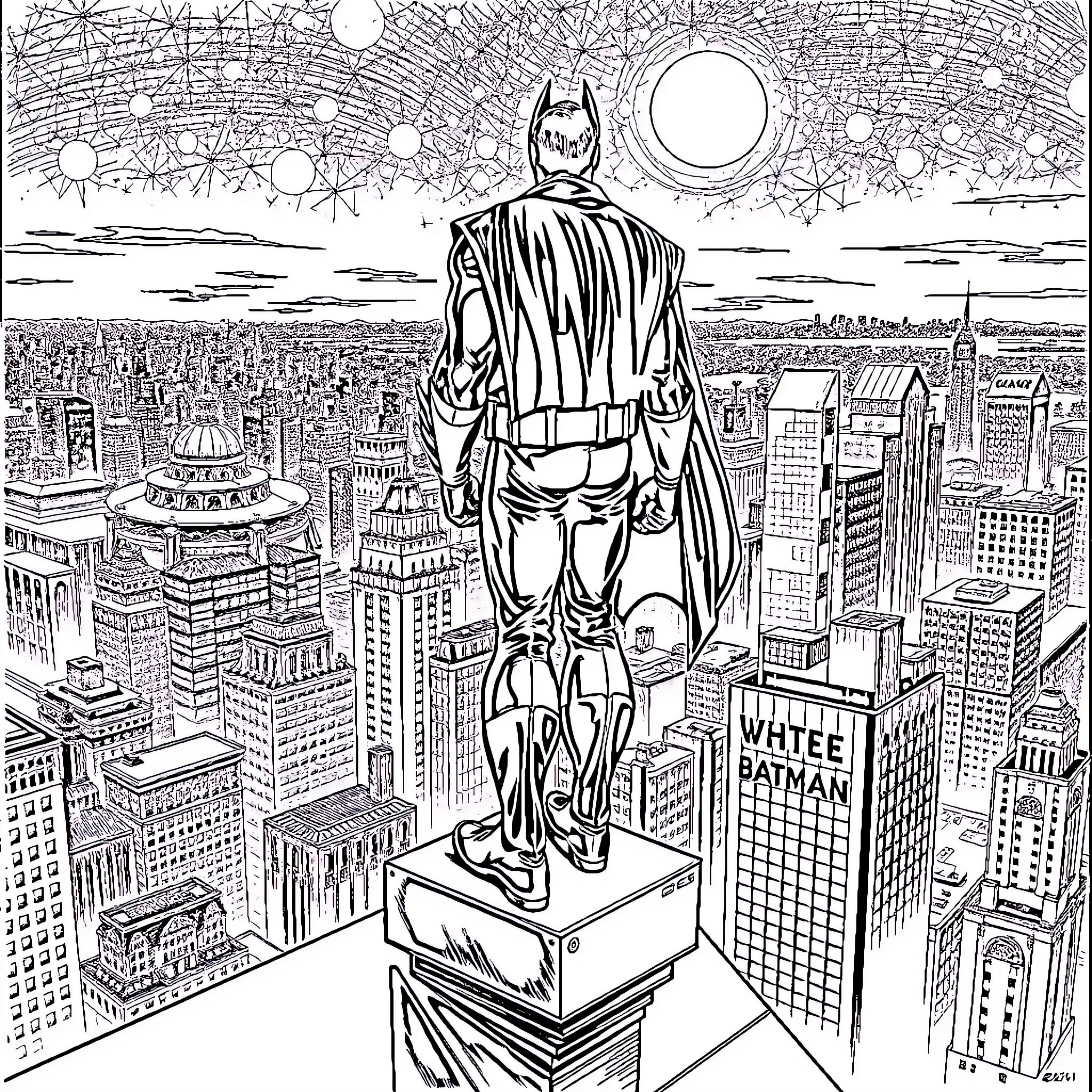 Bruce Wayne's Heroic Silhouette against the City Skyline Coloring Page (free black-and-white line drawing printable PDF for all, from beginners to advanced learners, including children, teens, adults, and seniors)