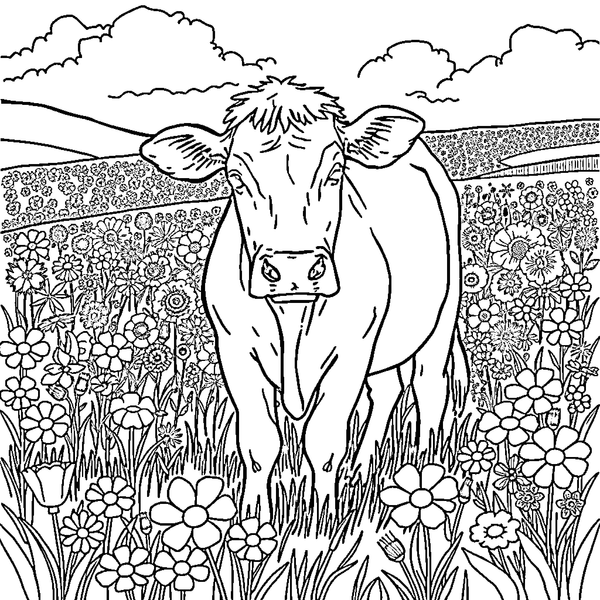 Cow standing amidst a field of flowers Coloring Page (free black-and-white line drawing printable PDF for all, from beginners to advanced learners, including children, teens, adults, and seniors)
