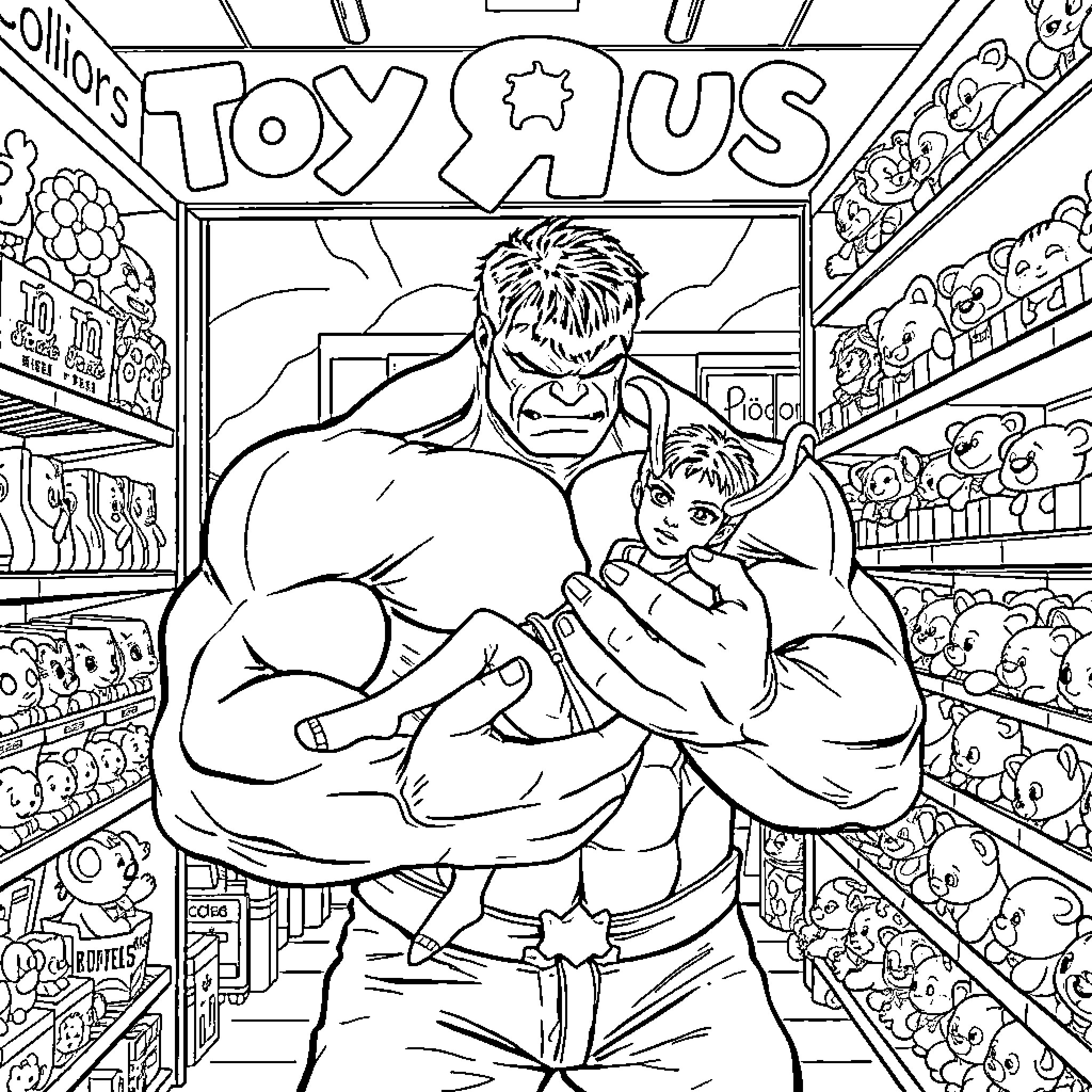 Hulk Browsing Through Toy Store with Child Coloring Page (free black-and-white line drawing printable PDF for all, from beginners to advanced learners, including children, teens, adults, and seniors)