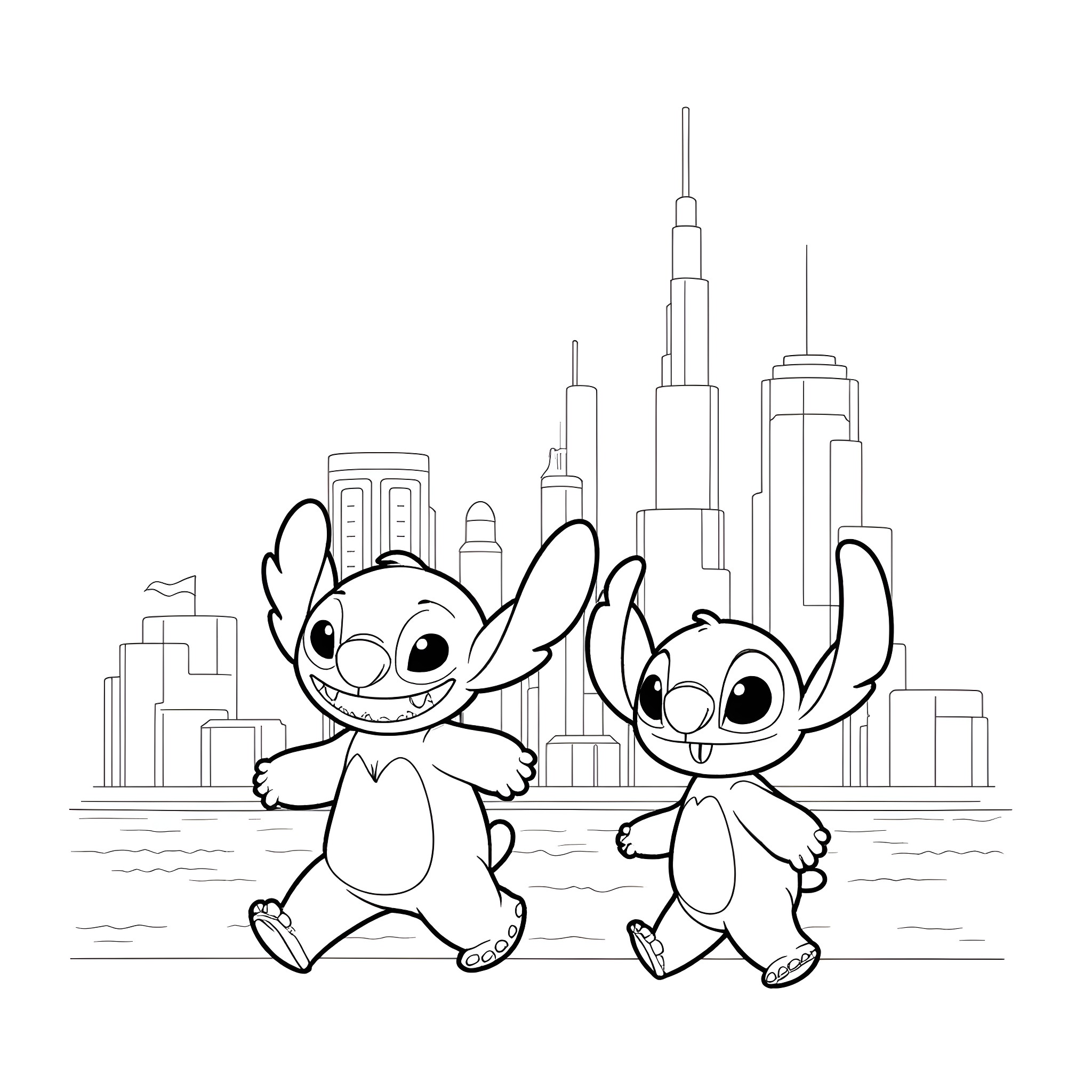 Lilo and Stitch exploring the cityscape Coloring Page (free black-and-white line drawing printable PDF for all, from beginners to advanced learners, including children, teens, adults, and seniors)