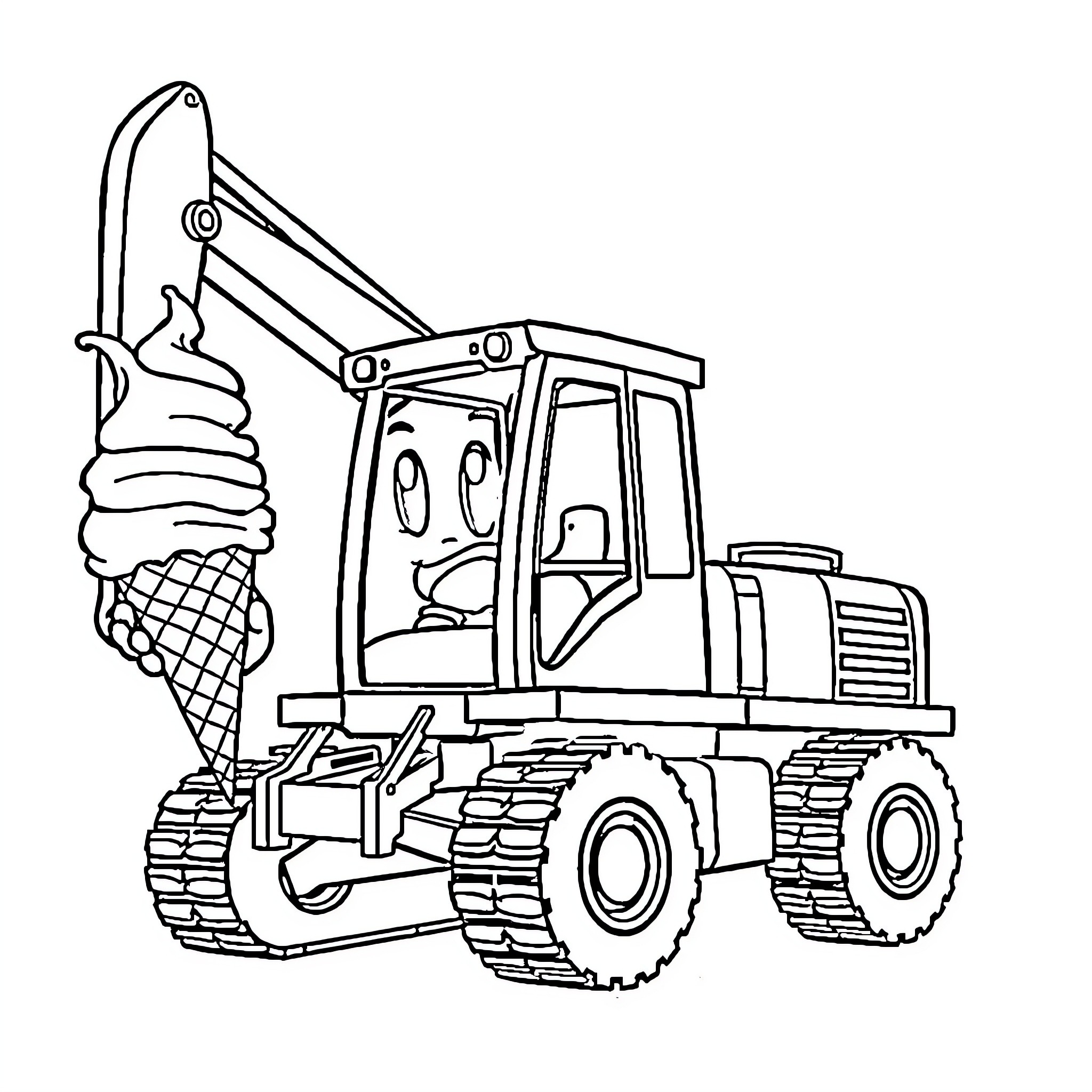 Excavator carrying an ice cream cone Coloring Page (free black-and-white line drawing printable PDF for all, from beginners to advanced learners, including children, teens, adults, and seniors)