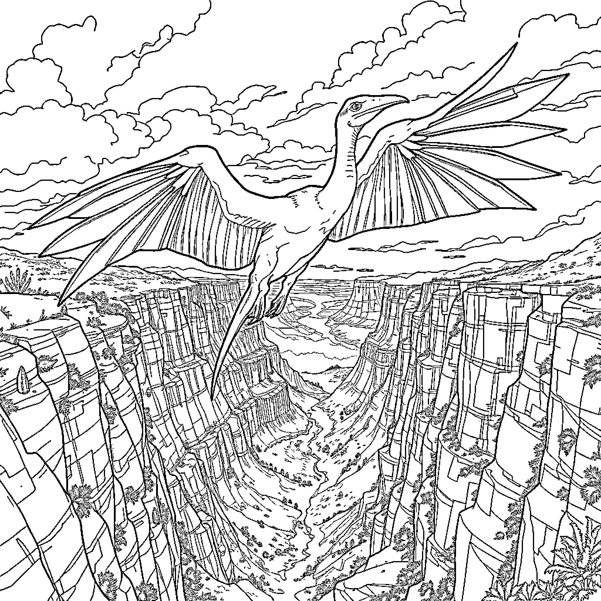 Quetzalcoatlus soaring above a fantastical landscape Coloring Page (free black-and-white line drawing printable PDF for all, from beginners to advanced learners, including children, teens, adults, and seniors)