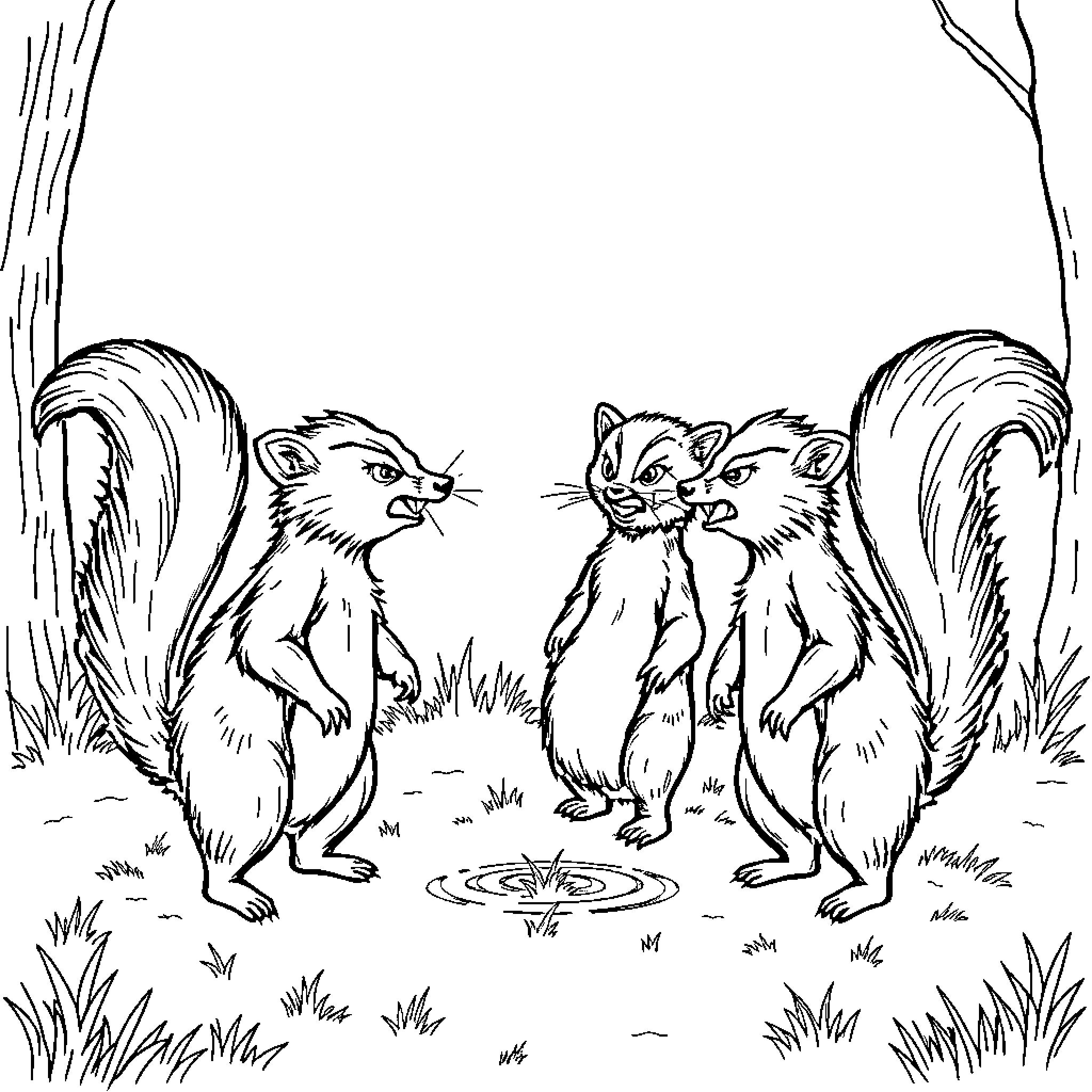 Skunk friends having a lively discussion in the forest Coloring Page (free black-and-white line drawing printable PDF for all, from beginners to advanced learners, including children, teens, adults, and seniors)