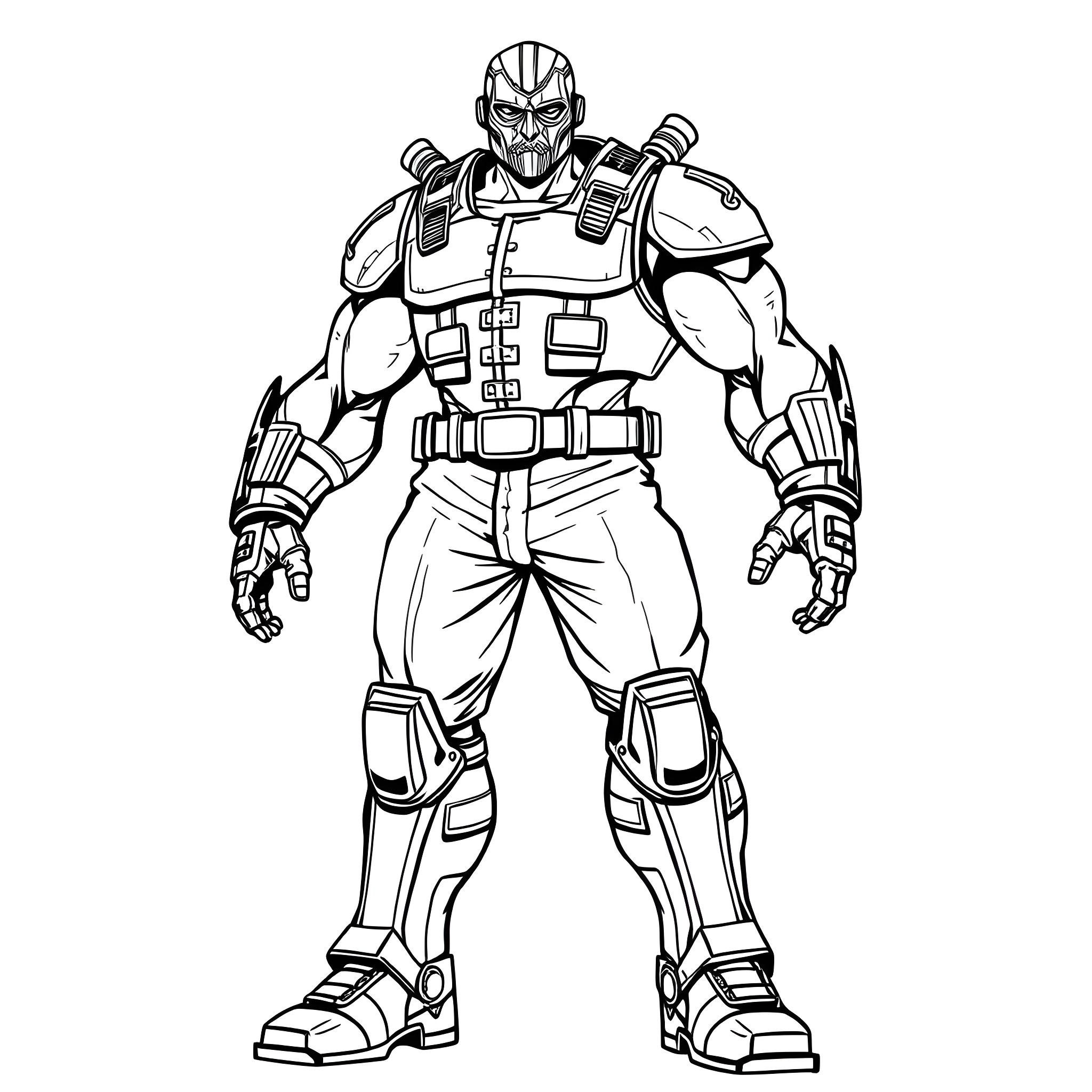 Mecha Man in Tactical Gear and Pose Coloring Page (free black-and-white line drawing printable PDF for all, from beginners to advanced learners, including children, teens, adults, and seniors)