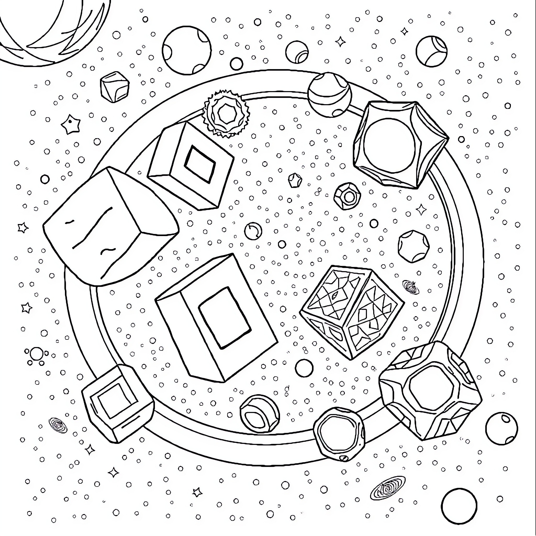 Shape-filled cosmic exploration Coloring Page (free black-and-white line drawing printable PDF for all, from beginners to advanced learners, including children, teens, adults, and seniors)