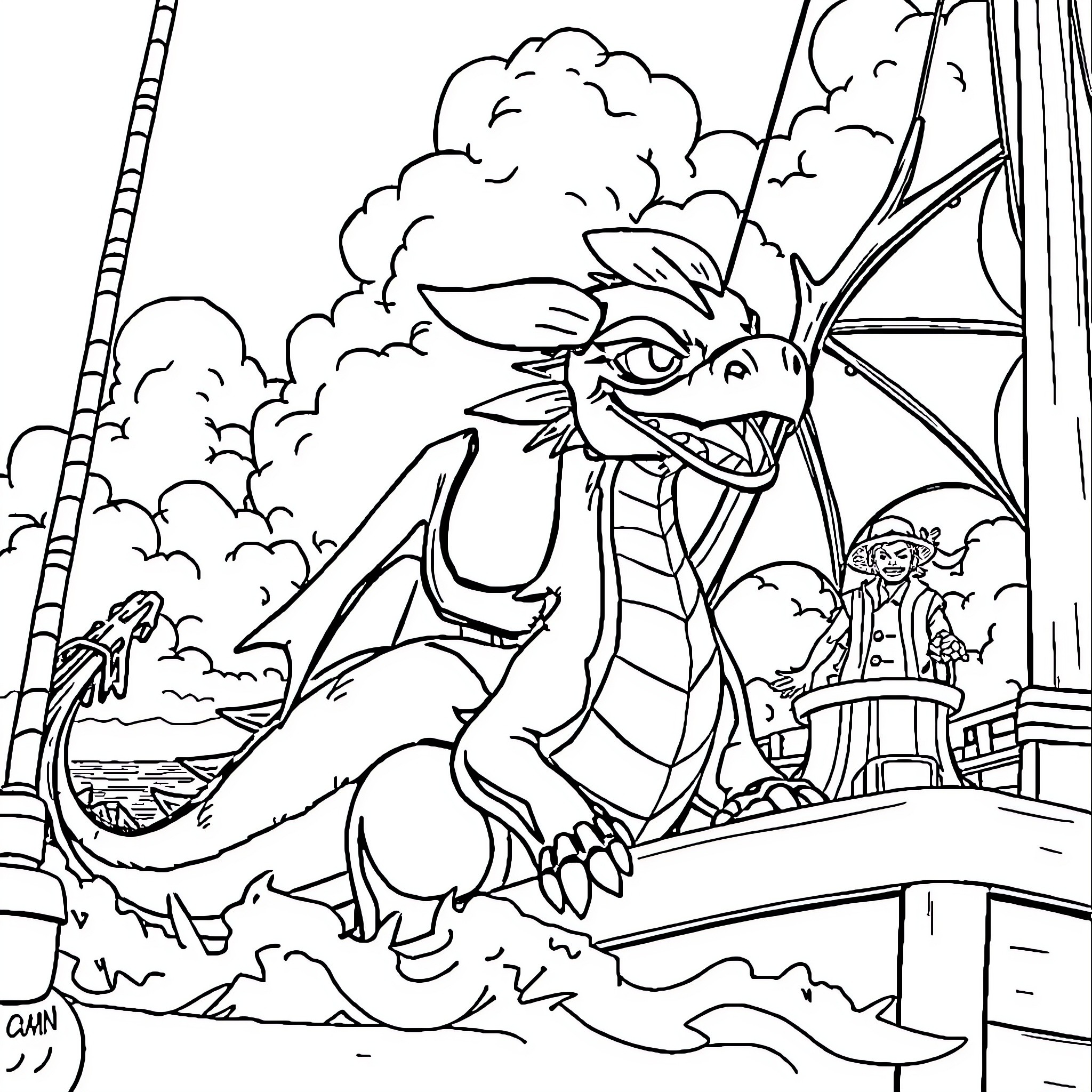 Krokmou the dragon soaring through the clouds Coloring Page (free black-and-white line drawing printable PDF for all, from beginners to advanced learners, including children, teens, adults, and seniors)