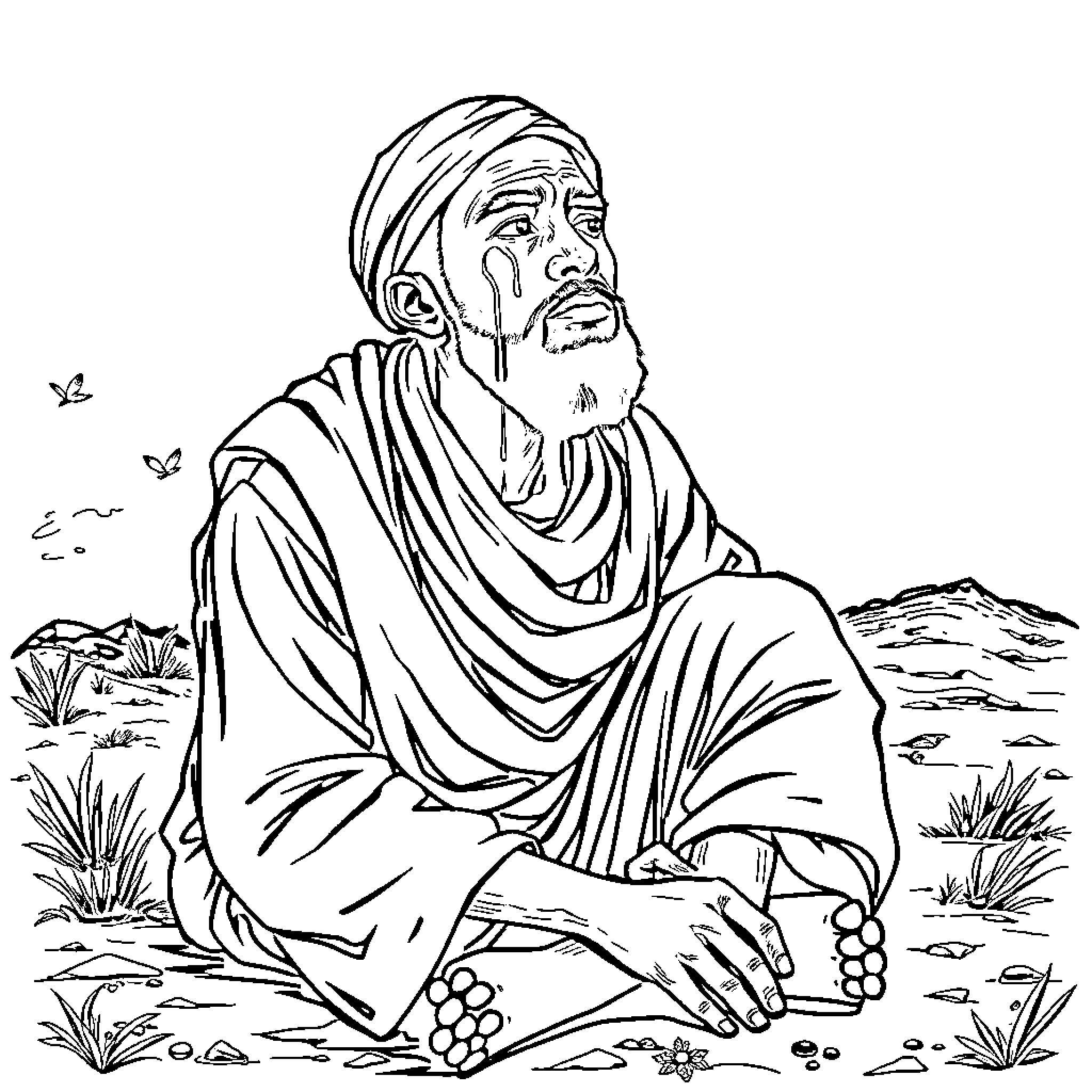 Man in pensive pose amid natural surroundings Coloring Page (free black-and-white line drawing printable PDF for all, from beginners to advanced learners, including children, teens, adults, and seniors)