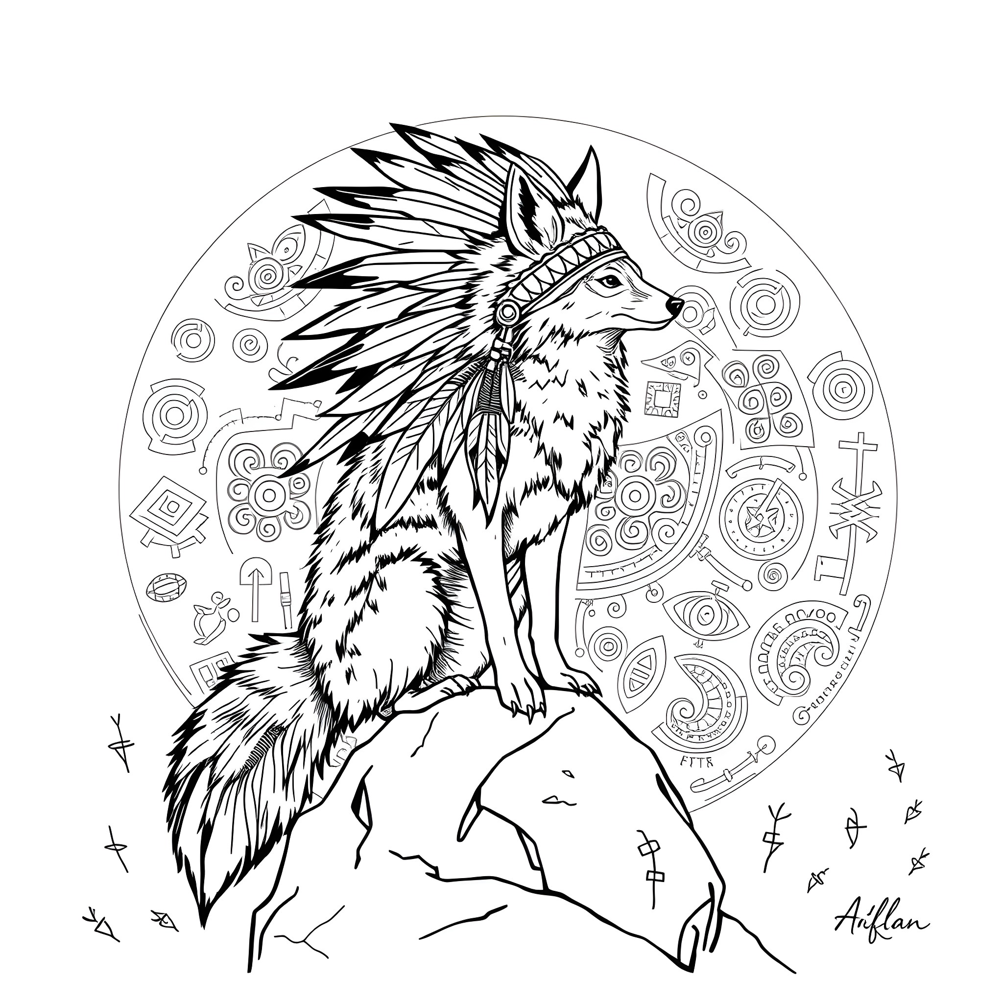 Coyote in native headdress on rocky outcrop Coloring Page (free black-and-white line drawing printable PDF for all, from beginners to advanced learners, including children, teens, adults, and seniors)