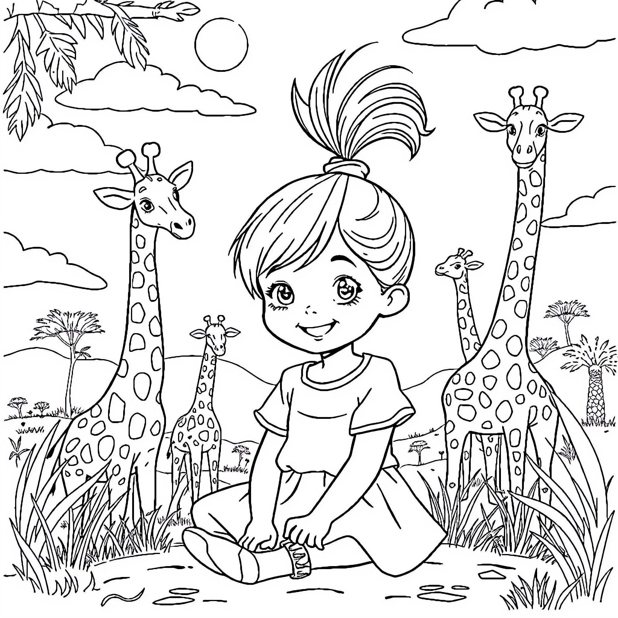 Girl exploring the safari with giraffes Coloring Page (free black-and-white line drawing printable PDF for all, from beginners to advanced learners, including children, teens, adults, and seniors)
