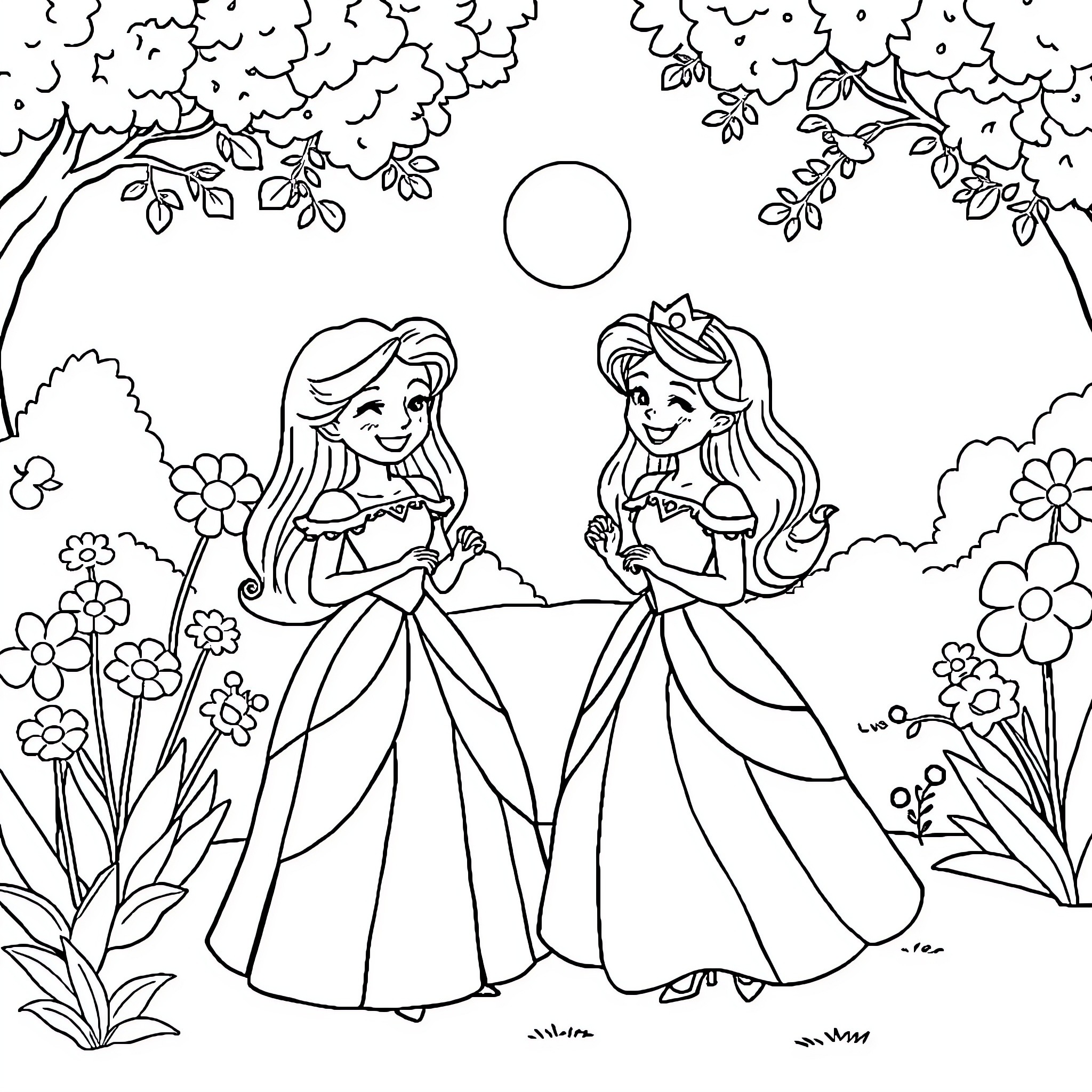 Princess Friends Strolling in Enchanted Garden Coloring Page (free black-and-white line drawing printable PDF for all, from beginners to advanced learners, including children, teens, adults, and seniors)