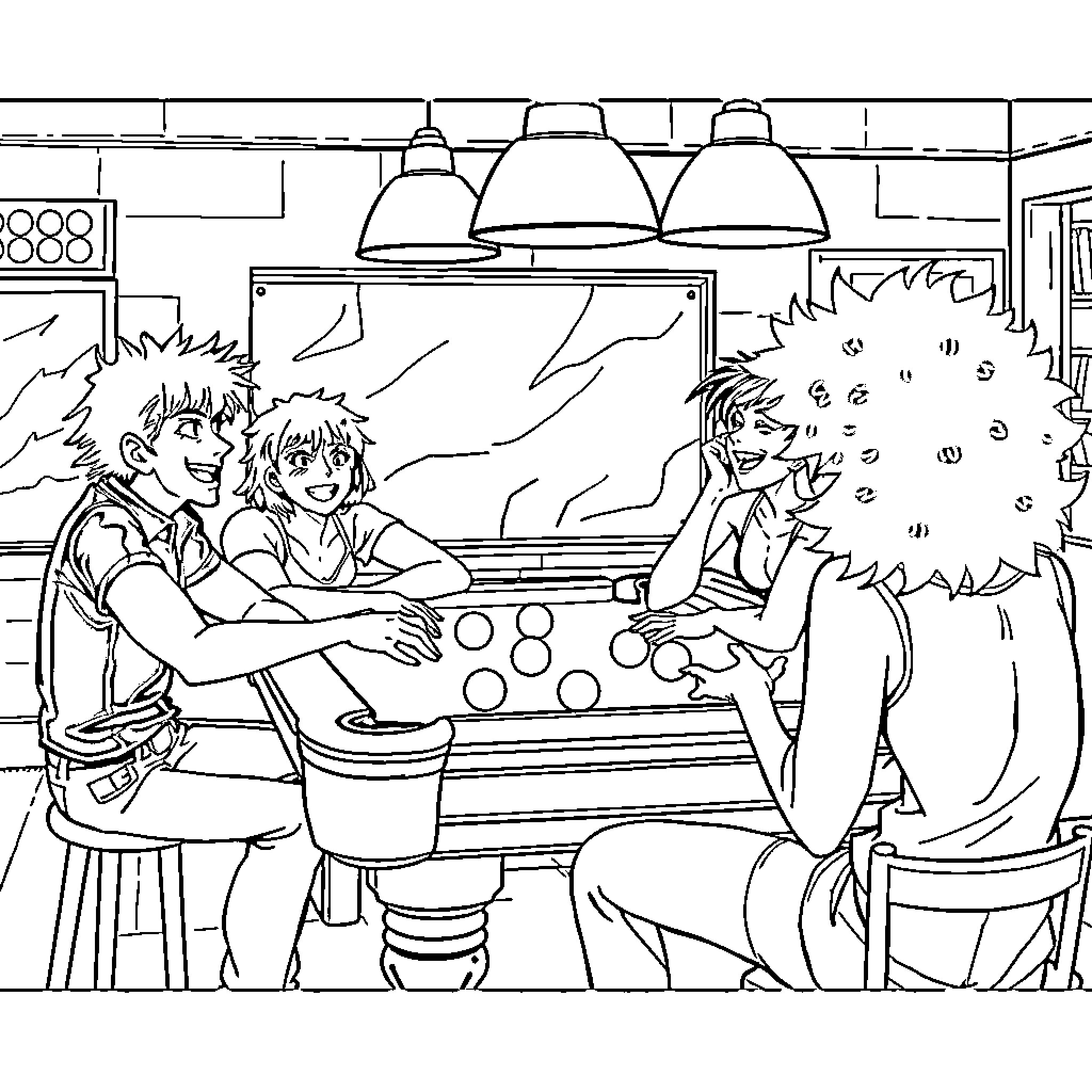 Cowboy Bebop: Friends Enjoying Arcade Games Coloring Page (free black-and-white line drawing printable PDF for all, from beginners to advanced learners, including children, teens, adults, and seniors)