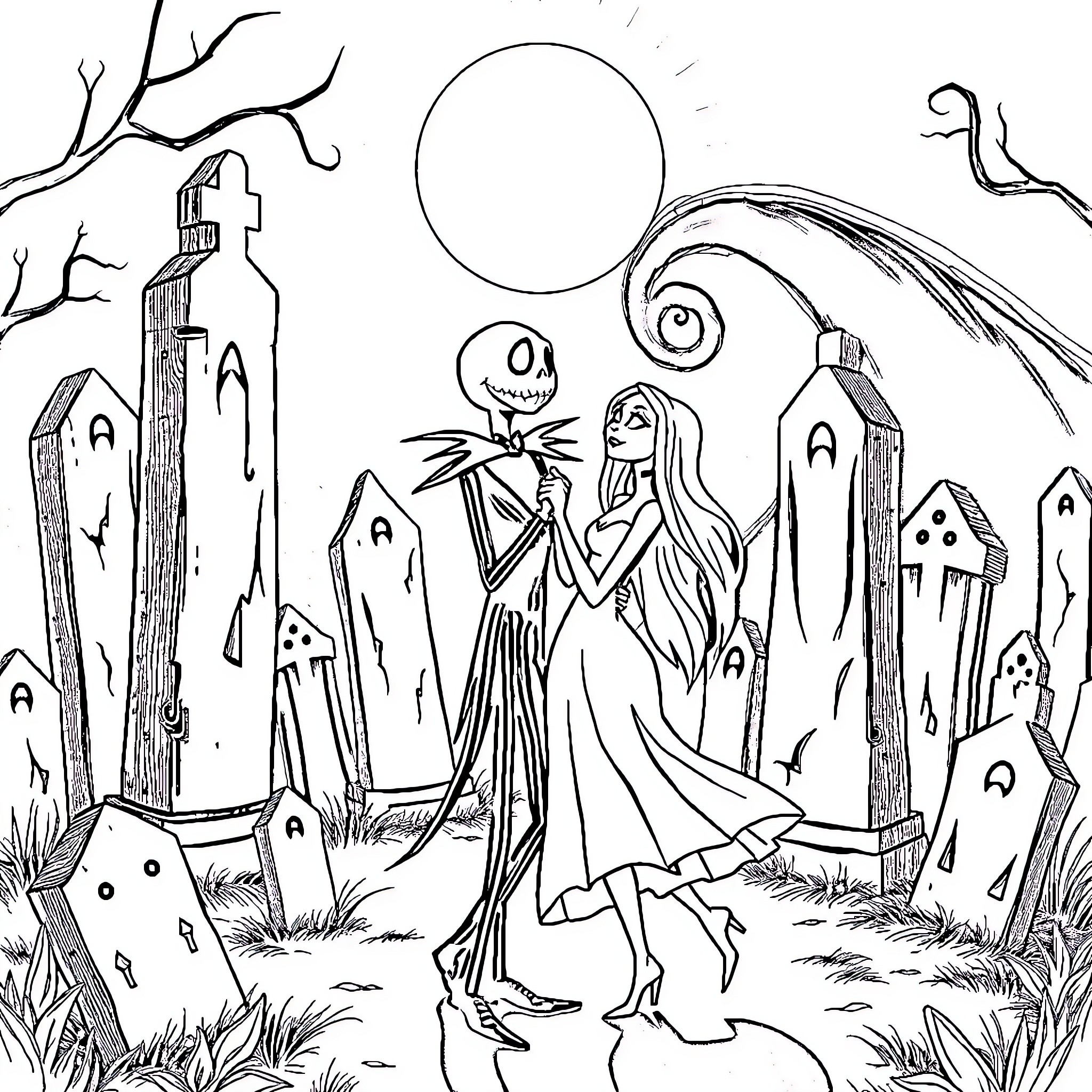 Jack Skellington and Sally exploring the spooky town at night Coloring Page (free black-and-white line drawing printable PDF for all, from beginners to advanced learners, including children, teens, adults, and seniors)