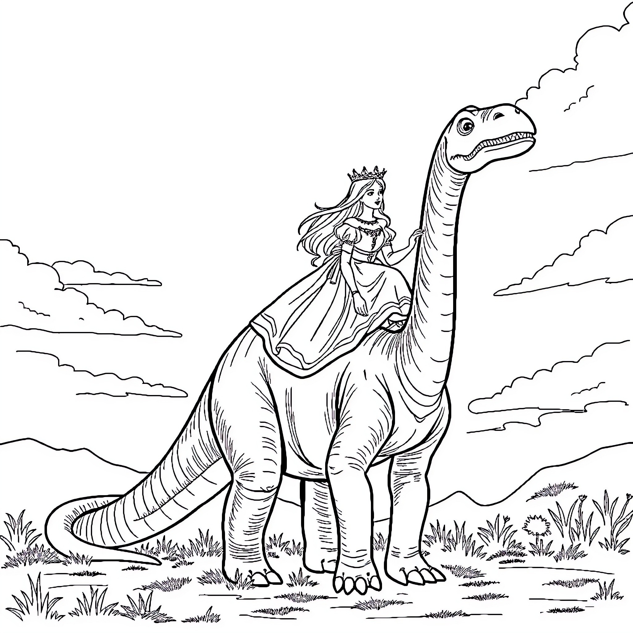 Princess riding a friendly dinosaur in the wild Coloring Page (free black-and-white line drawing printable PDF for all, from beginners to advanced learners, including children, teens, adults, and seniors)