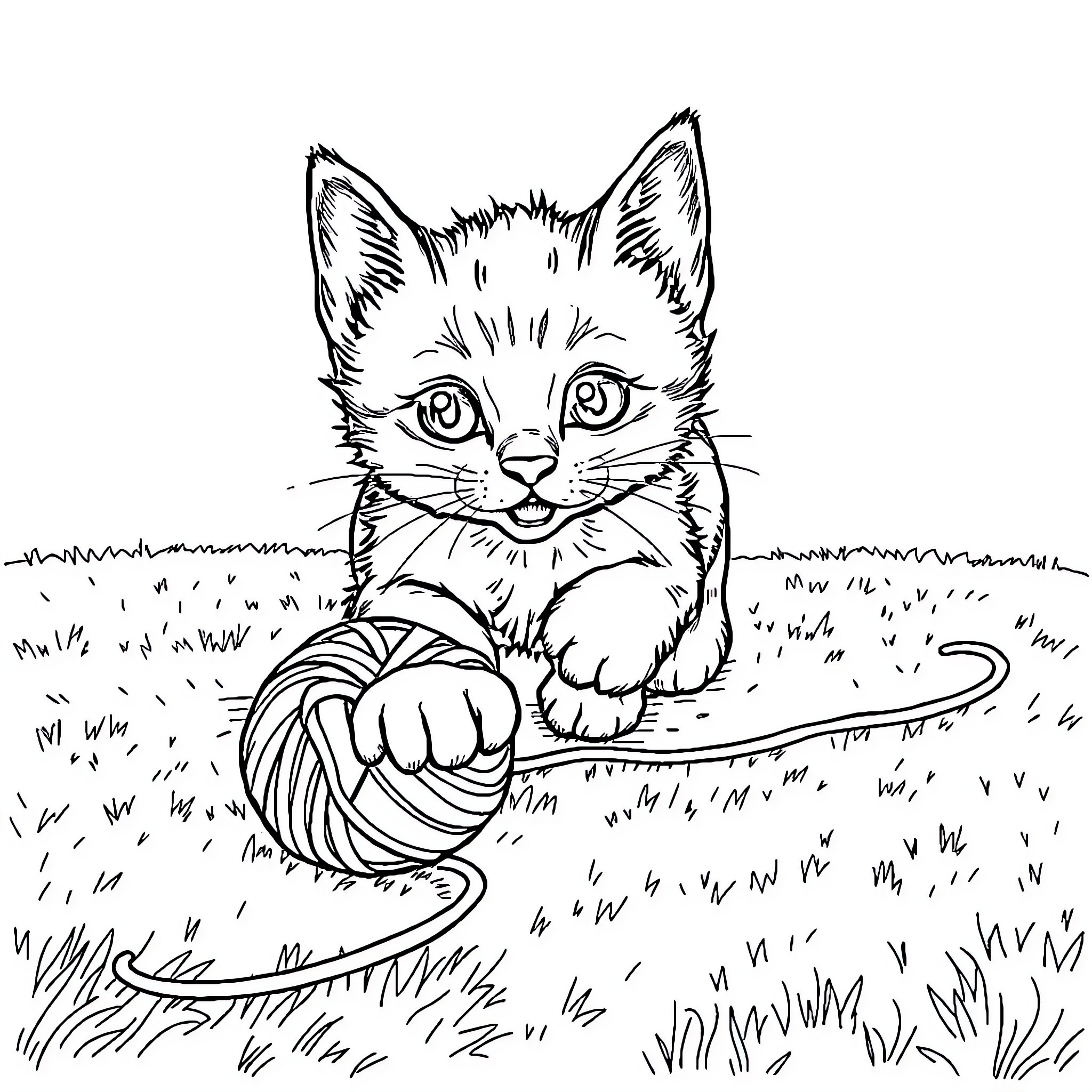 Kitty playing with yarn in the grass Coloring Page (free black-and-white line drawing printable PDF for all, from beginners to advanced learners, including children, teens, adults, and seniors)