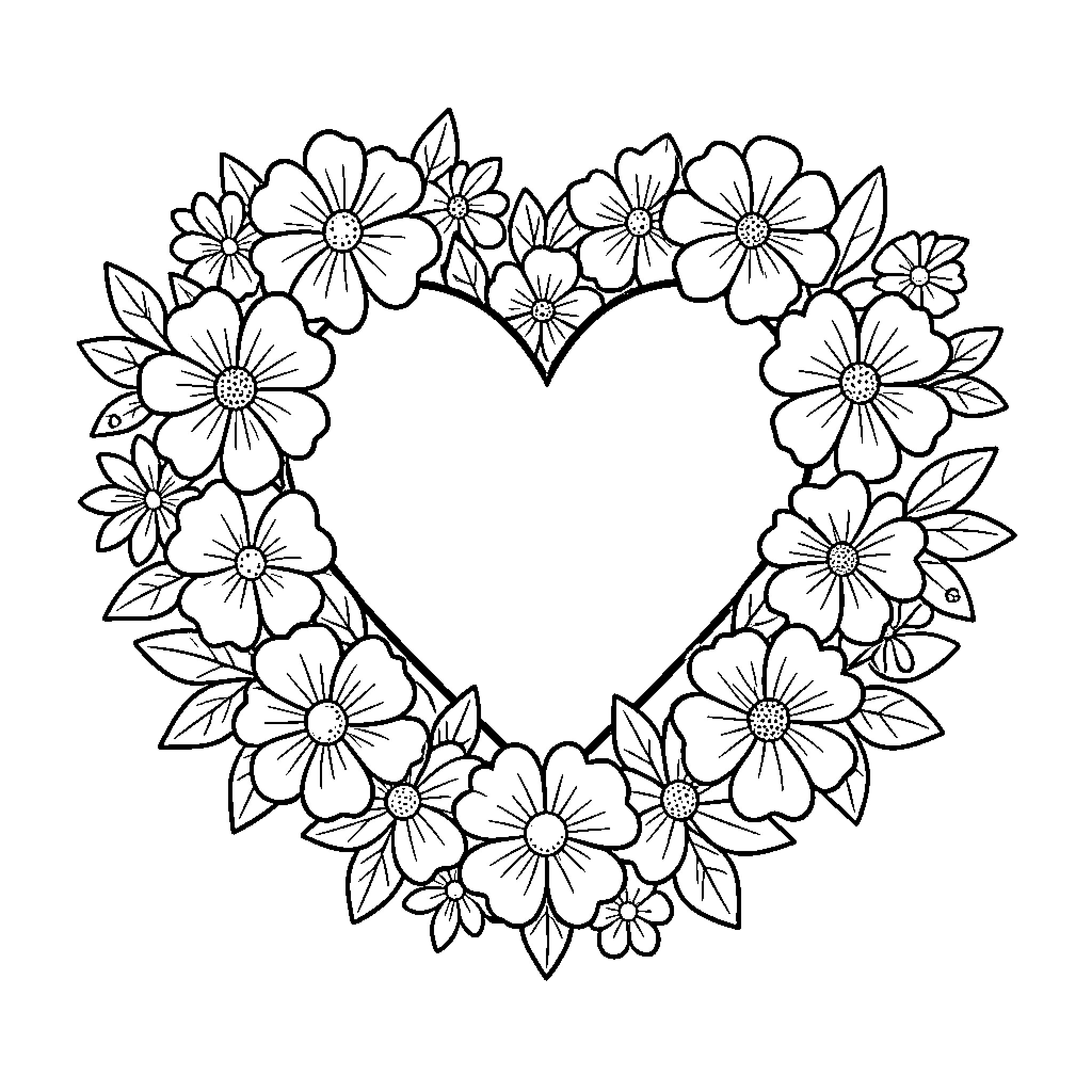 Heart shape surrounded by blooming floral patterns Coloring Page (free black-and-white line drawing printable PDF for all, from beginners to advanced learners, including children, teens, adults, and seniors)