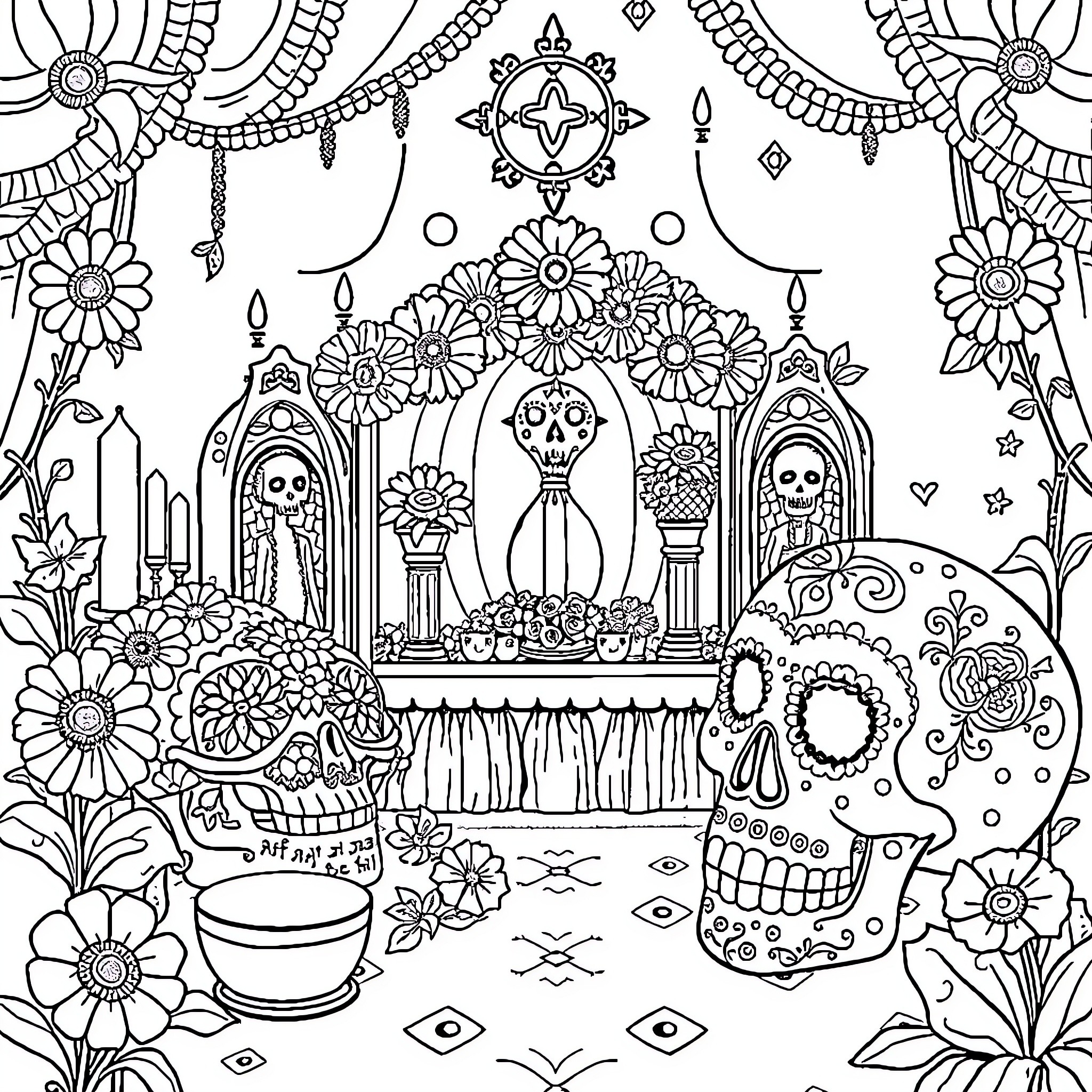 Dia de Muertos festive scene with skulls, flowers, and decorations Coloring Page (free black-and-white line drawing printable PDF for all, from beginners to advanced learners, including children, teens, adults, and seniors)