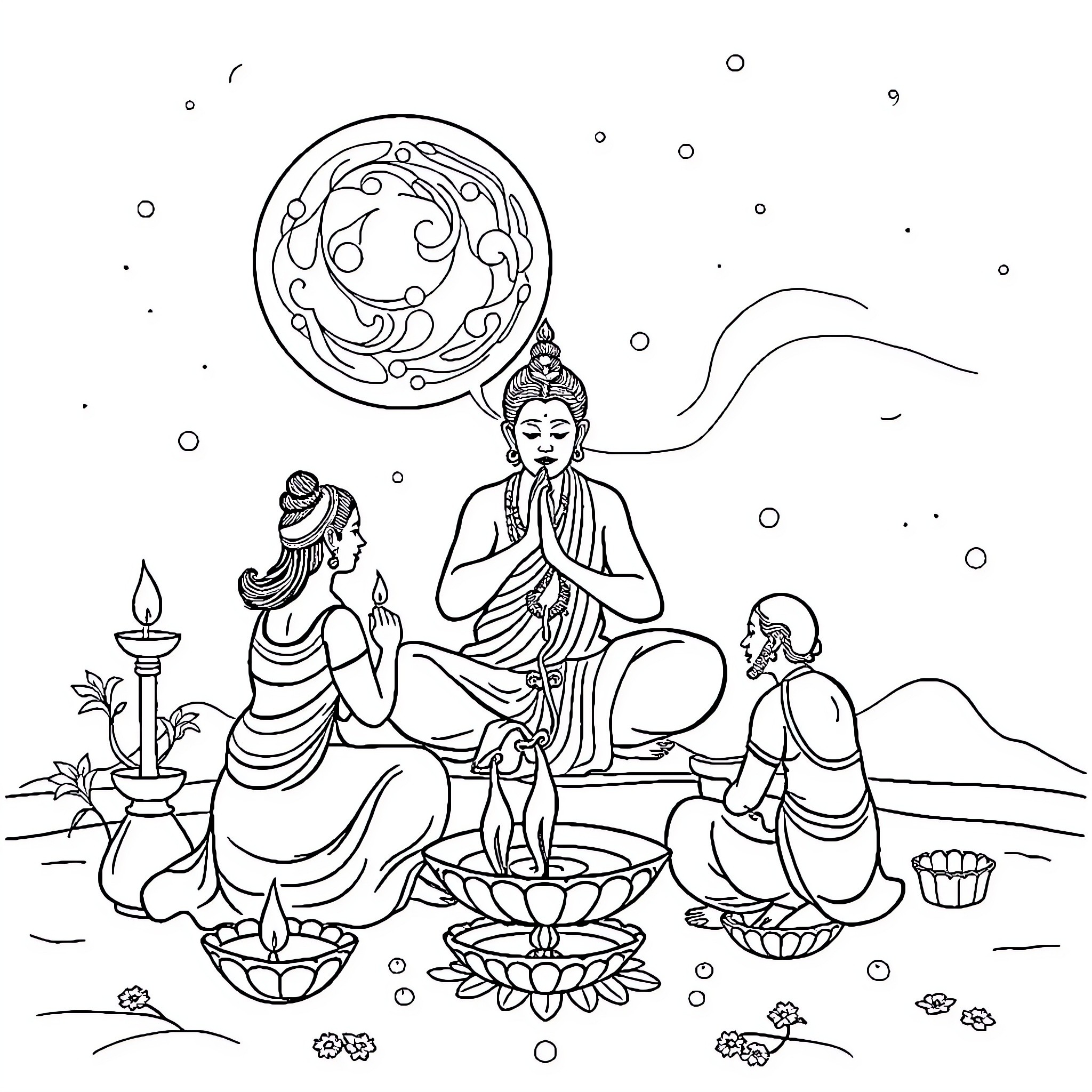 Gurupurnima: Devotees offering prayers and offerings to the Buddha Coloring Page (free black-and-white line drawing printable PDF for all, from beginners to advanced learners, including children, teens, adults, and seniors)
