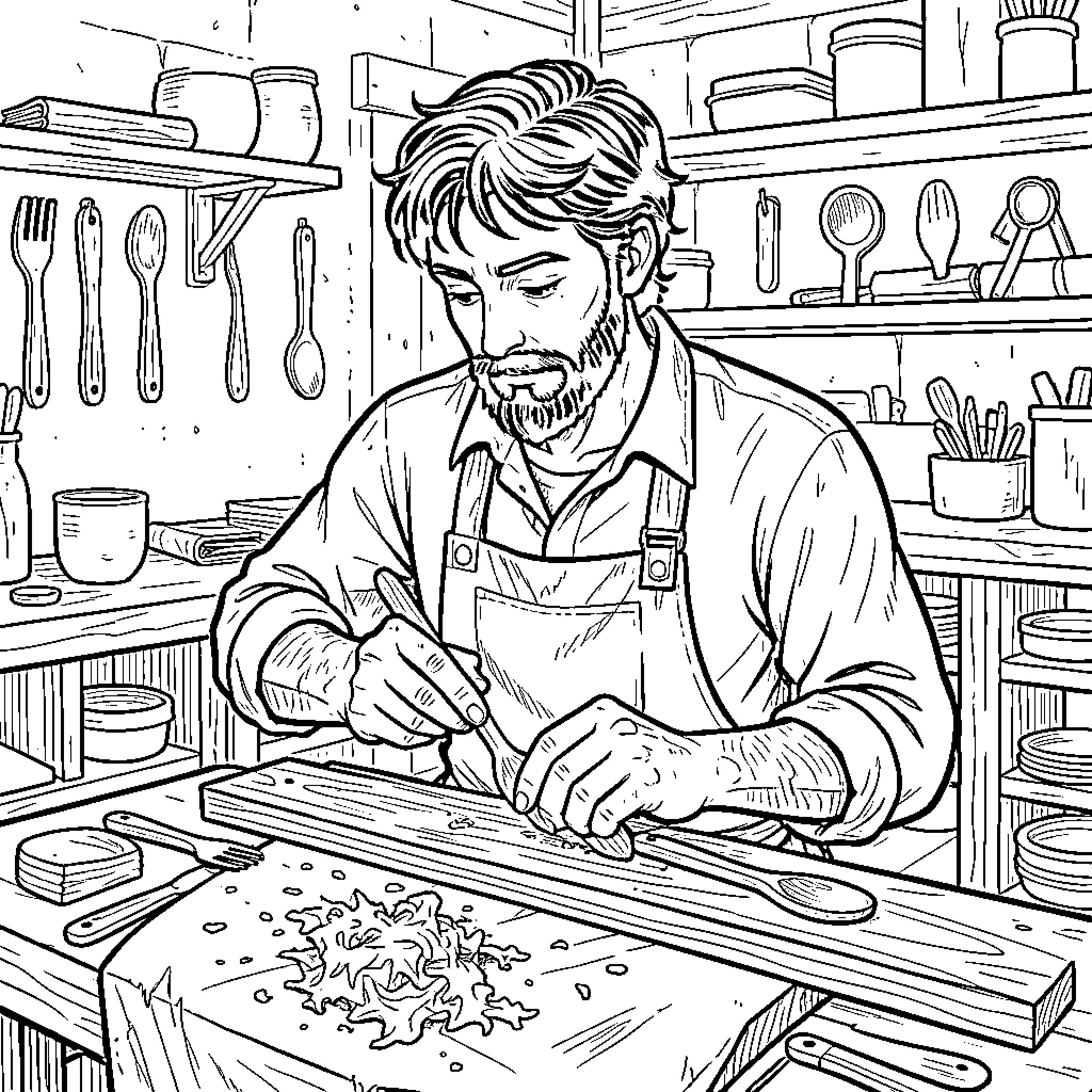 Young Man Engrossed in Woodworking Craft Coloring Page (free black-and-white line drawing printable PDF for all, from beginners to advanced learners, including children, teens, adults, and seniors)