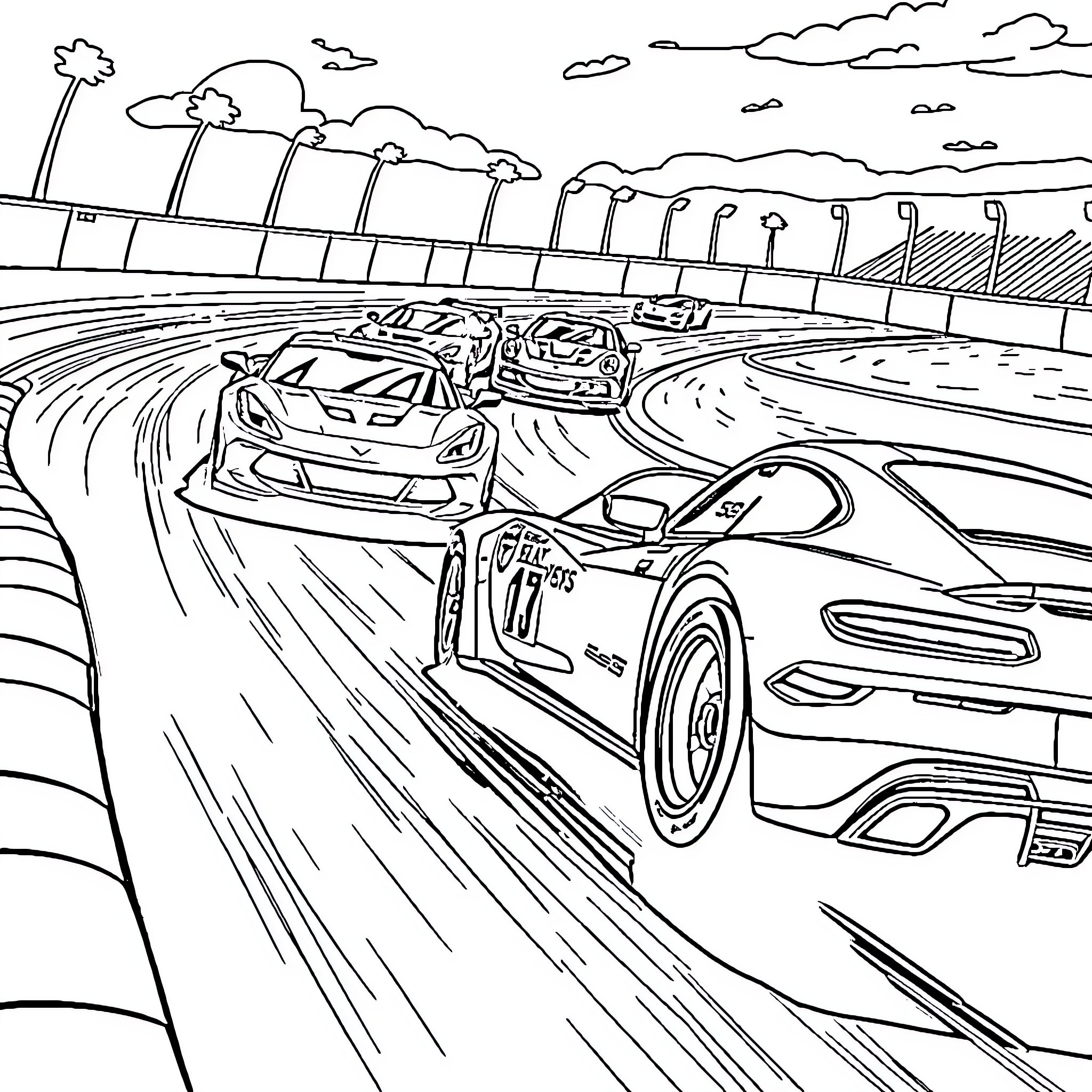 Car Racing on the Speedway Coloring Page (free black-and-white line drawing printable PDF for all, from beginners to advanced learners, including children, teens, adults, and seniors)