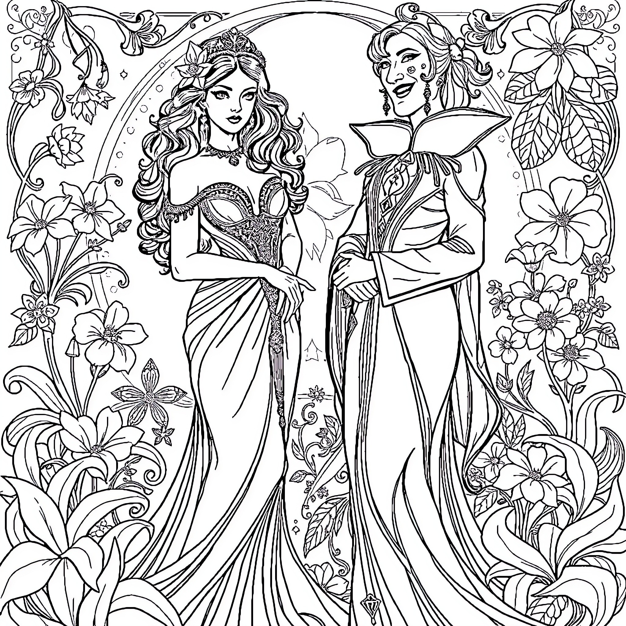 Emilia's Floral Elegance: Enchanting Dresses and Graceful Poses Coloring Page (free black-and-white line drawing printable PDF for all, from beginners to advanced learners, including children, teens, adults, and seniors)