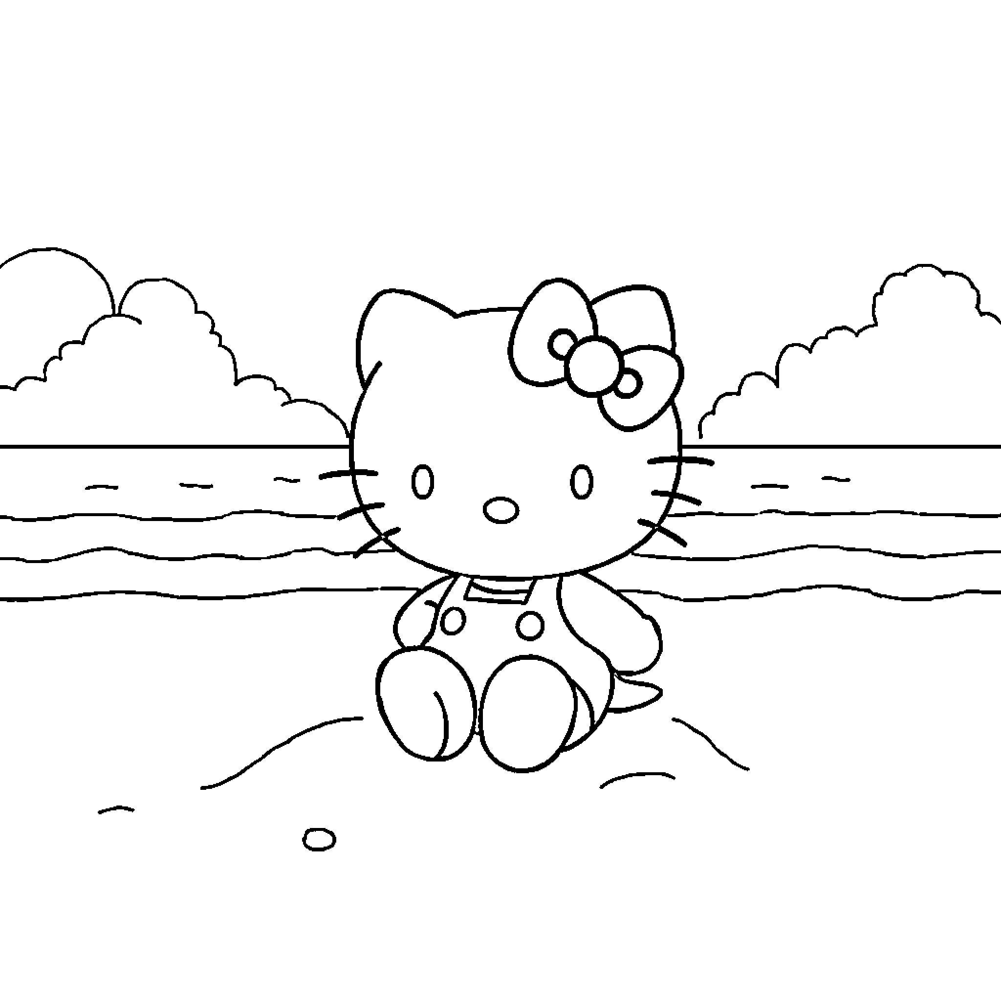 Hello Kitty relaxing on the beach Coloring Page (free black-and-white line drawing printable PDF for all, from beginners to advanced learners, including children, teens, adults, and seniors)