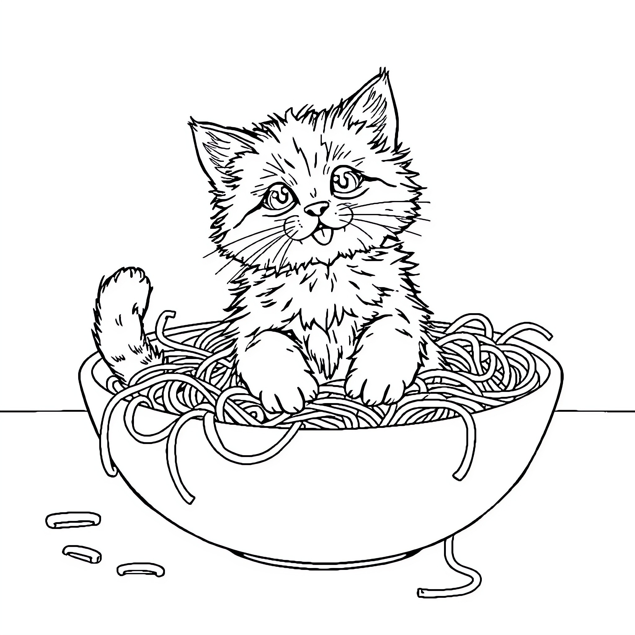 Cat sitting in a bowl of noodles Coloring Page (free black-and-white line drawing printable PDF for all, from beginners to advanced learners, including children, teens, adults, and seniors)