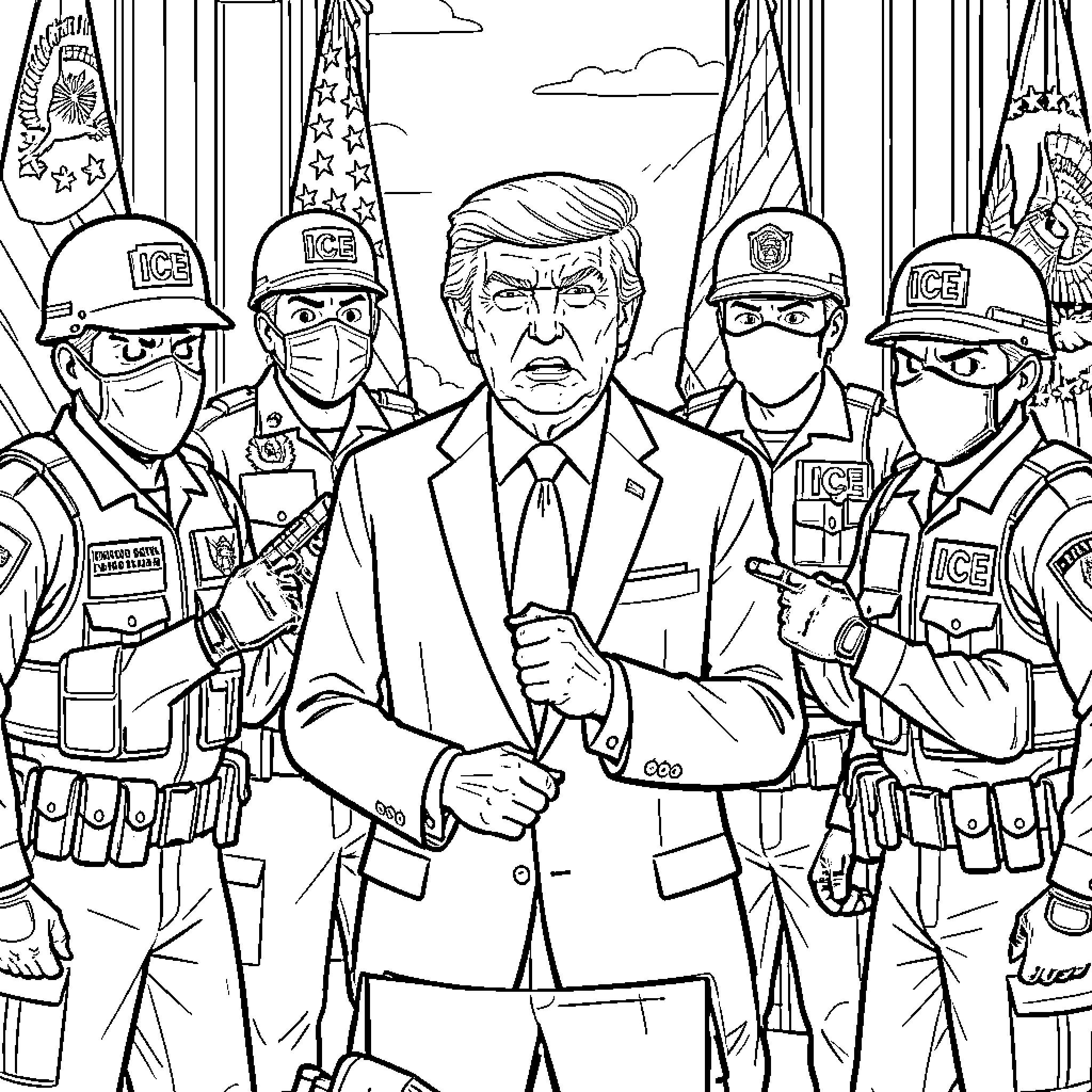 POTUS standing firmly surrounded by security personnel Coloring Page (free black-and-white line drawing printable PDF for all, from beginners to advanced learners, including children, teens, adults, and seniors)