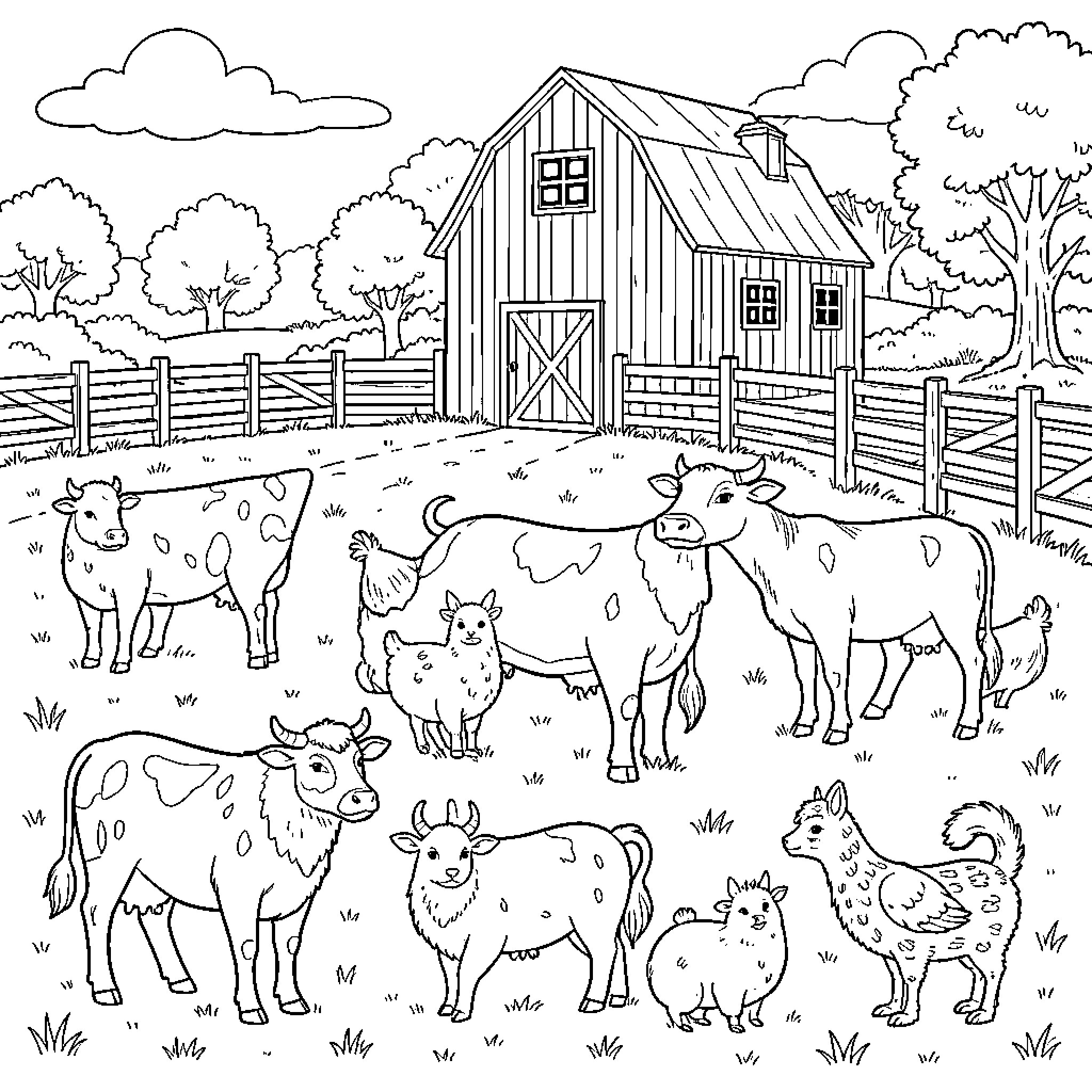 Farm Animal Family in Pastoral Farmyard Coloring Page (free black-and-white line drawing printable PDF for all, from beginners to advanced learners, including children, teens, adults, and seniors)