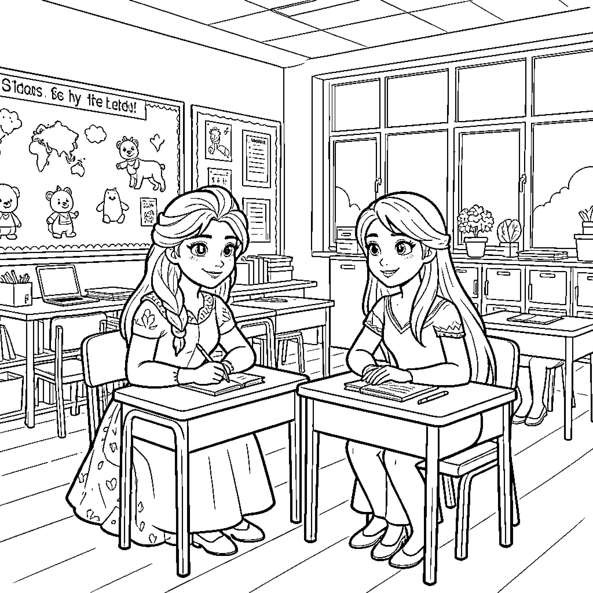 Elsa and Anna in the classroom Coloring Page (free black-and-white line drawing printable PDF for all, from beginners to advanced learners, including children, teens, adults, and seniors)