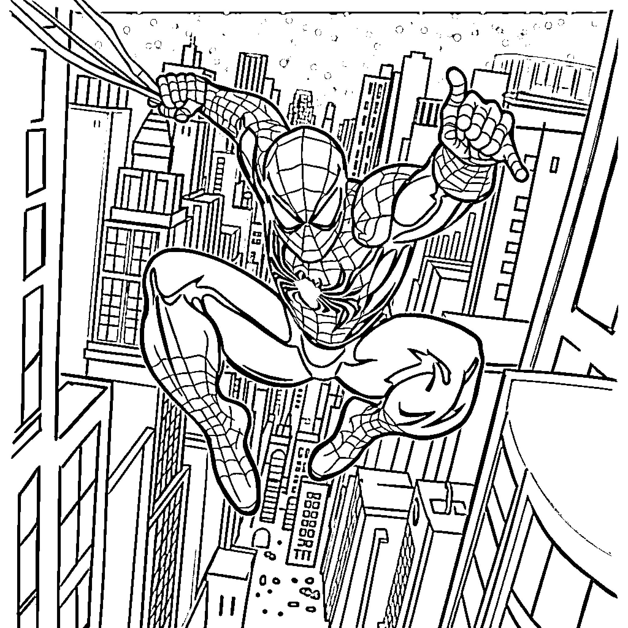 Spider-Man Swinging Through the City Skyline Coloring Page (free black-and-white line drawing printable PDF for all, from beginners to advanced learners, including children, teens, adults, and seniors)