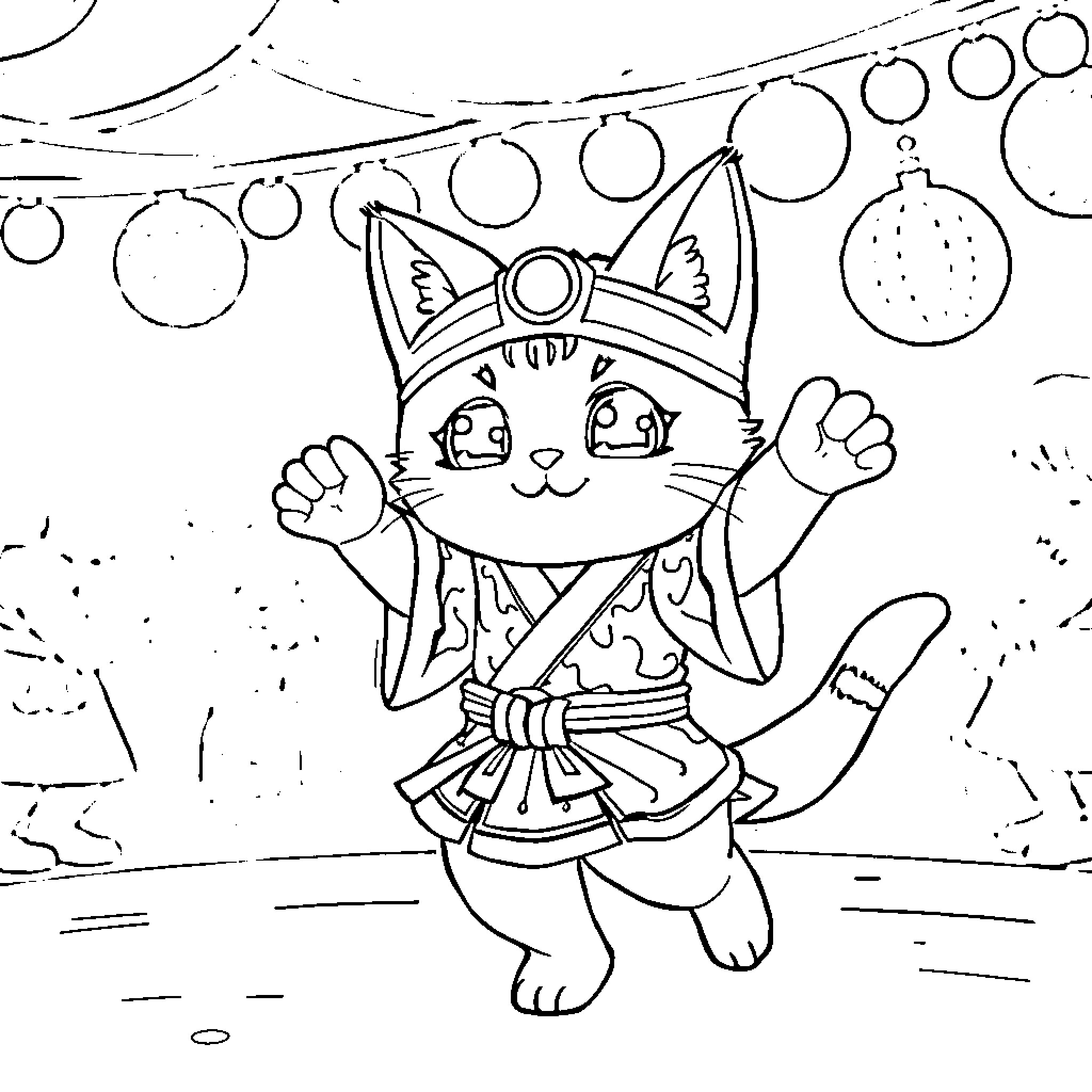 Cat in Festive Celebration Outfit Coloring Page (free black-and-white line drawing printable PDF for all, from beginners to advanced learners, including children, teens, adults, and seniors)