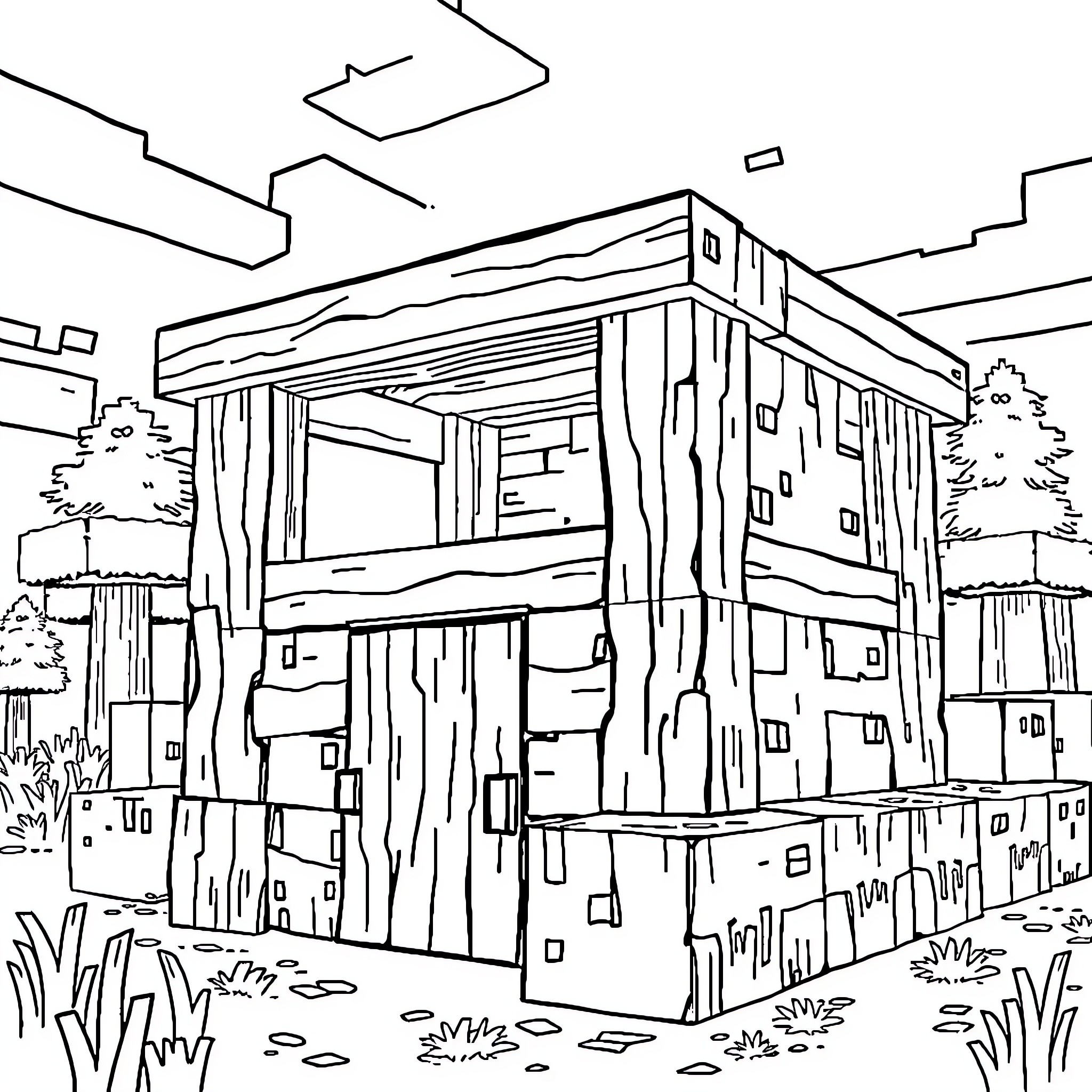Minecraft building in a forested landscape Coloring Page (free black-and-white line drawing printable PDF for all, from beginners to advanced learners, including children, teens, adults, and seniors)
