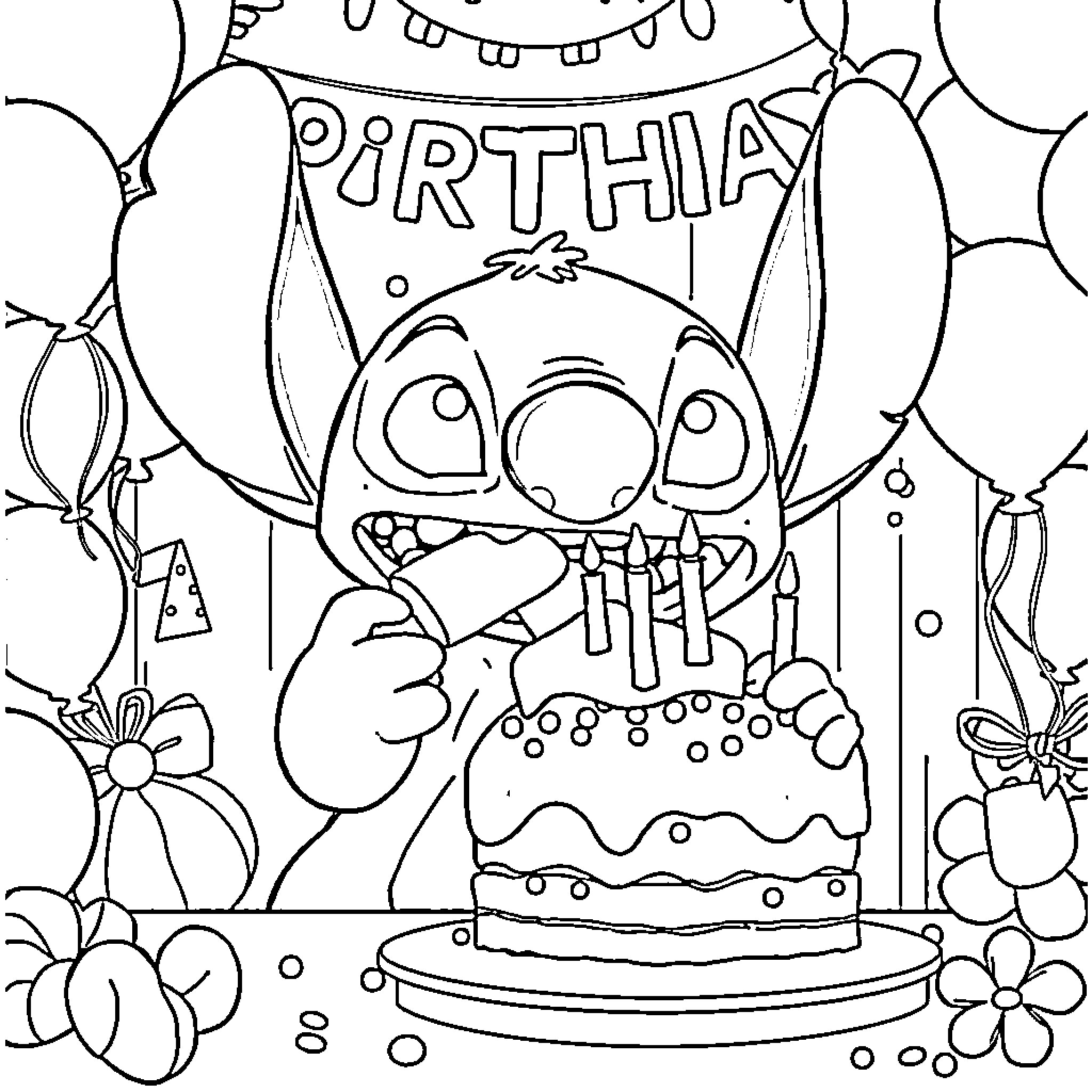 Stitch's Lively Birthday Celebration Coloring Page (free black-and-white line drawing printable PDF for all, from beginners to advanced learners, including children, teens, adults, and seniors)