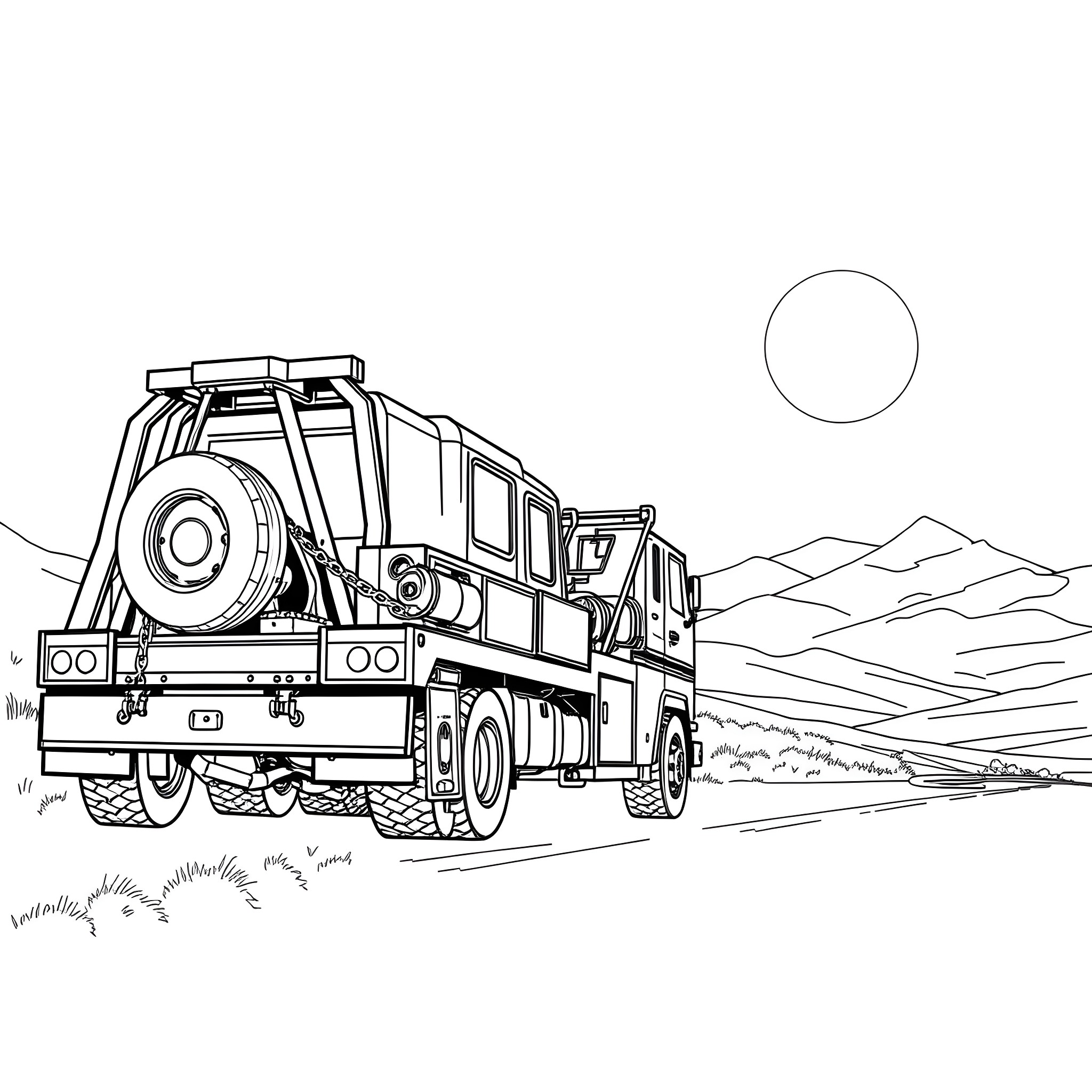 Tow Pickup Truck in Rugged Landscape Coloring Page (free black-and-white line drawing printable PDF for all, from beginners to advanced learners, including children, teens, adults, and seniors)