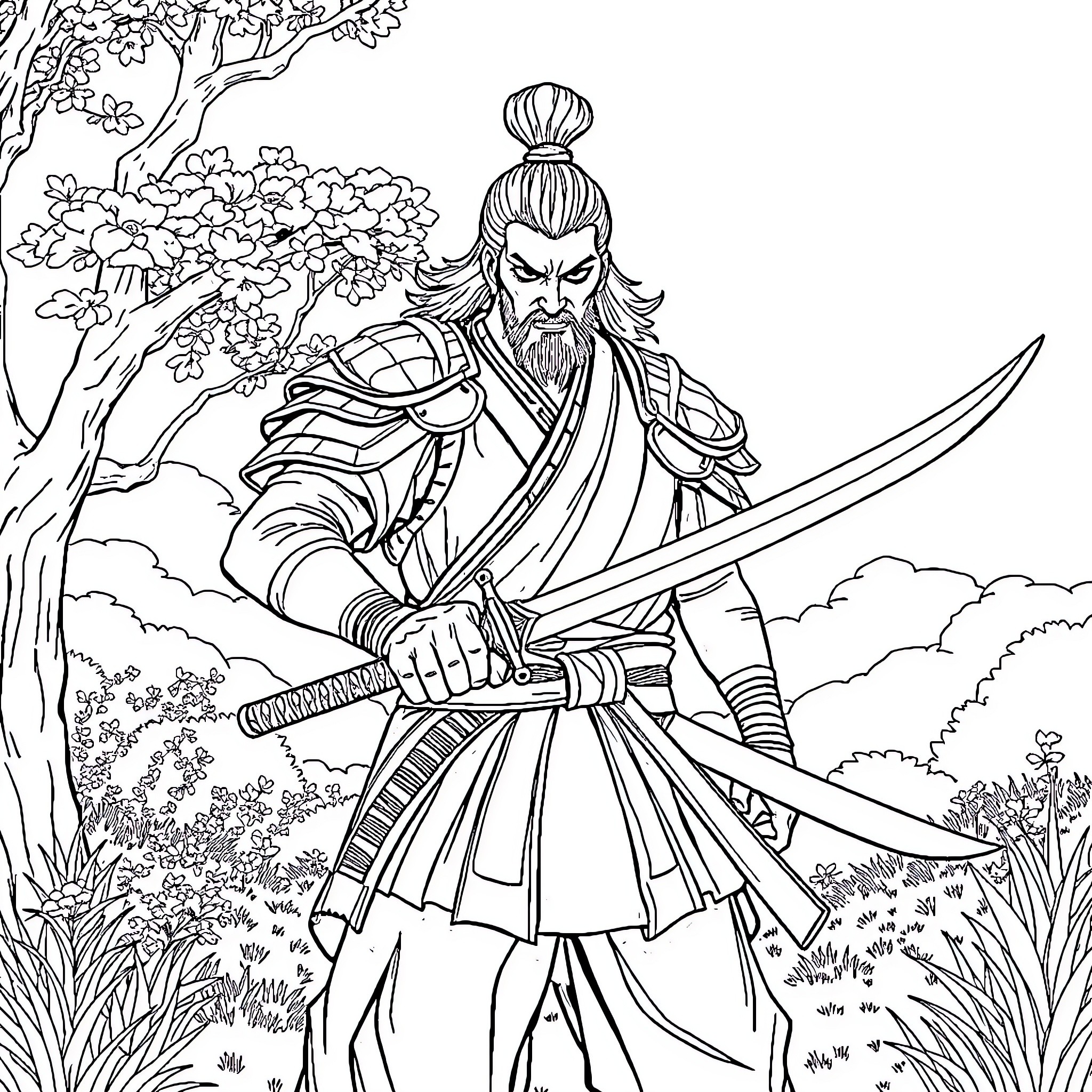 Musashi, the Legendary Samurai Warrior in Nature Coloring Page (free black-and-white line drawing printable PDF for all, from beginners to advanced learners, including children, teens, adults, and seniors)