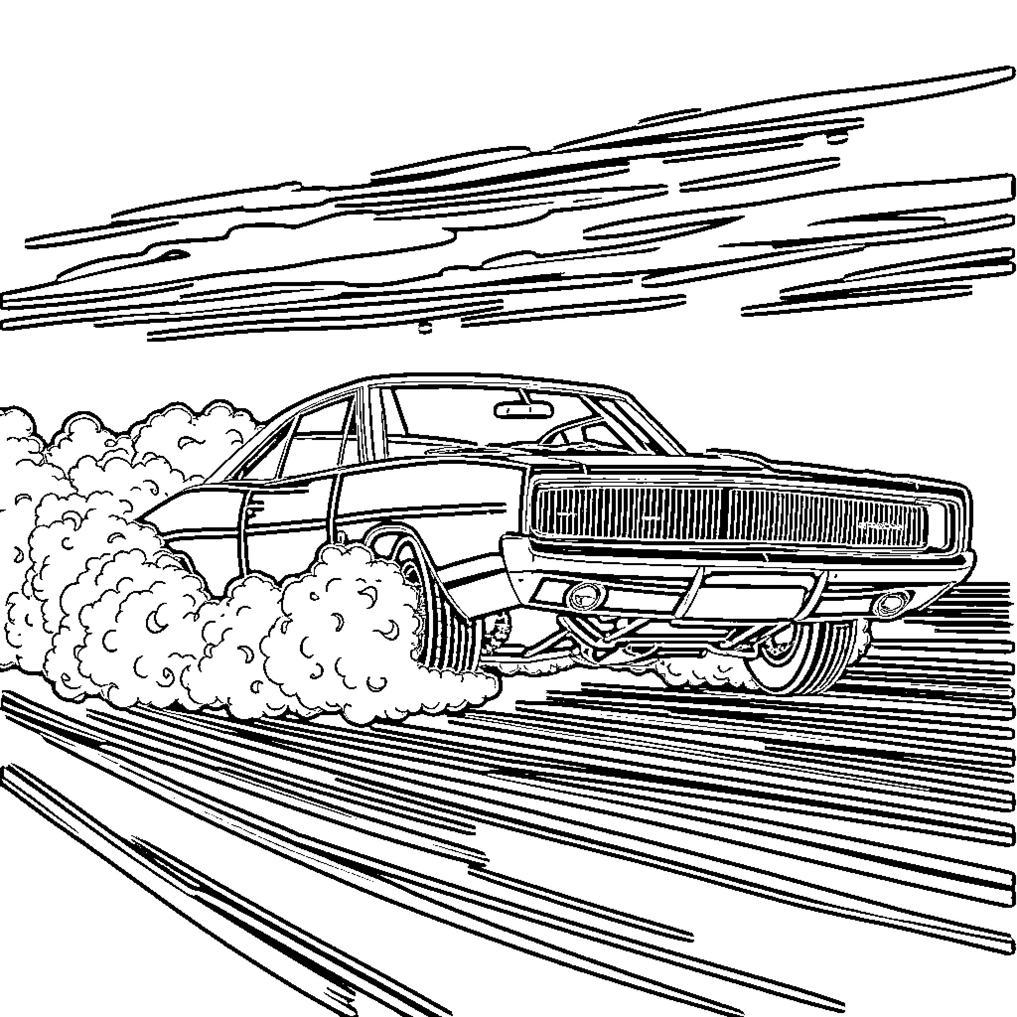 Dodge Charger racing through the clouds of dust Coloring Page (free black-and-white line drawing printable PDF for all, from beginners to advanced learners, including children, teens, adults, and seniors)