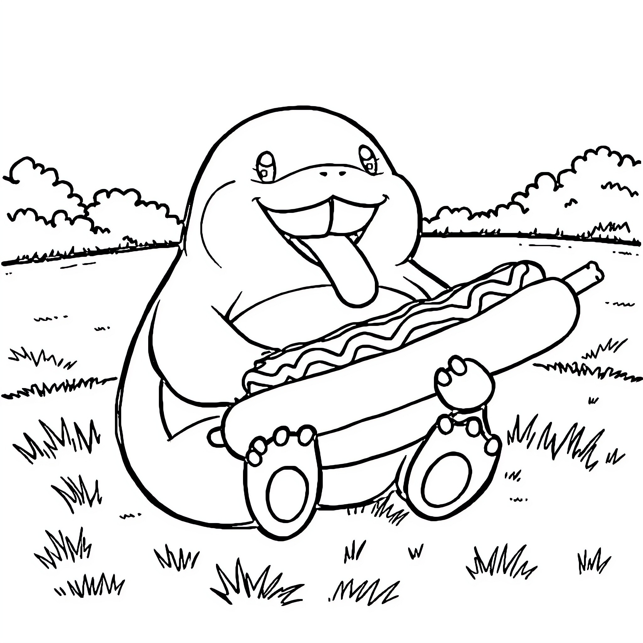 Snorlax enjoying a giant hot dog outdoors Coloring Page (free black-and-white line drawing printable PDF for all, from beginners to advanced learners, including children, teens, adults, and seniors)
