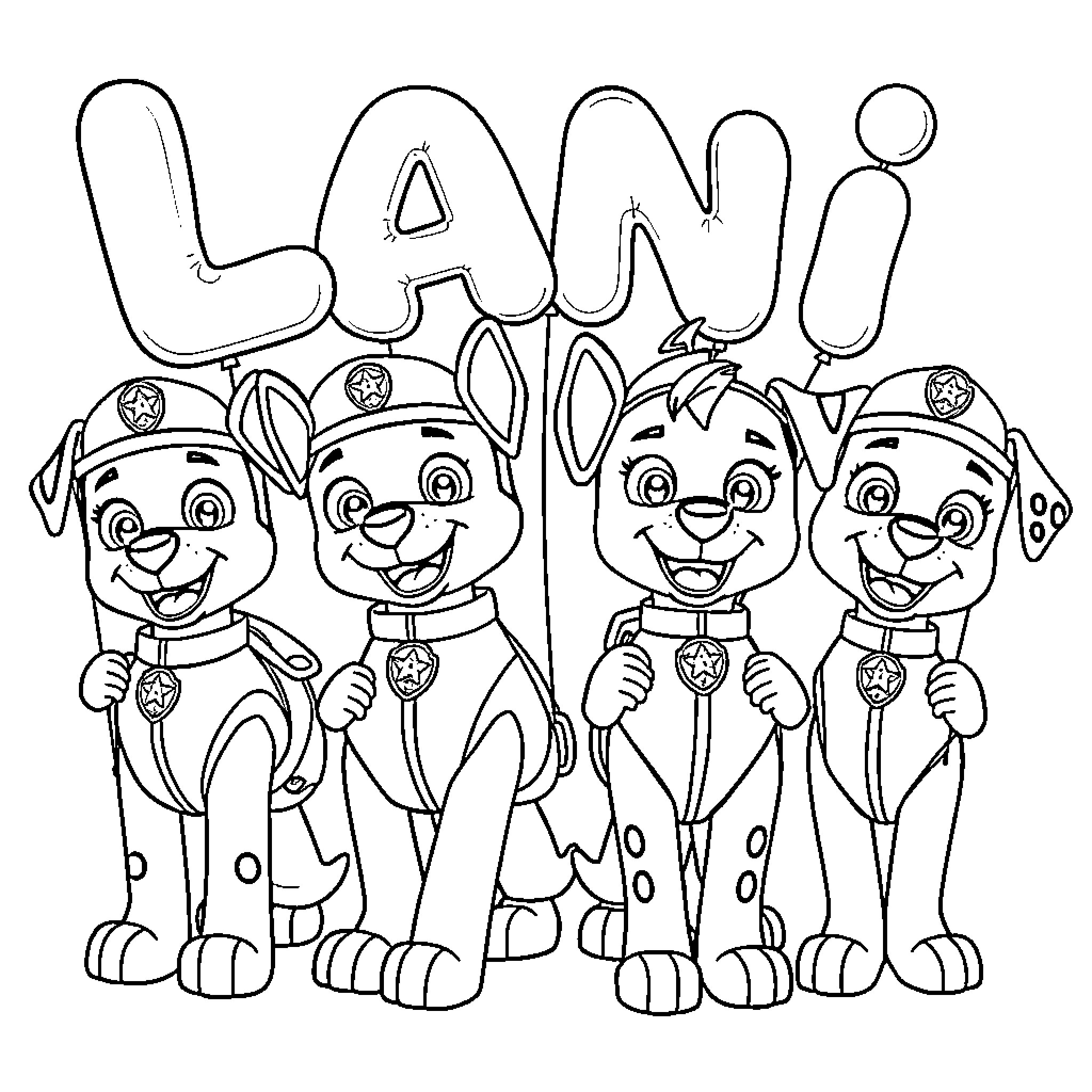 Paw Patrol characters in action poses Coloring Page (free black-and-white line drawing printable PDF for all, from beginners to advanced learners, including children, teens, adults, and seniors)