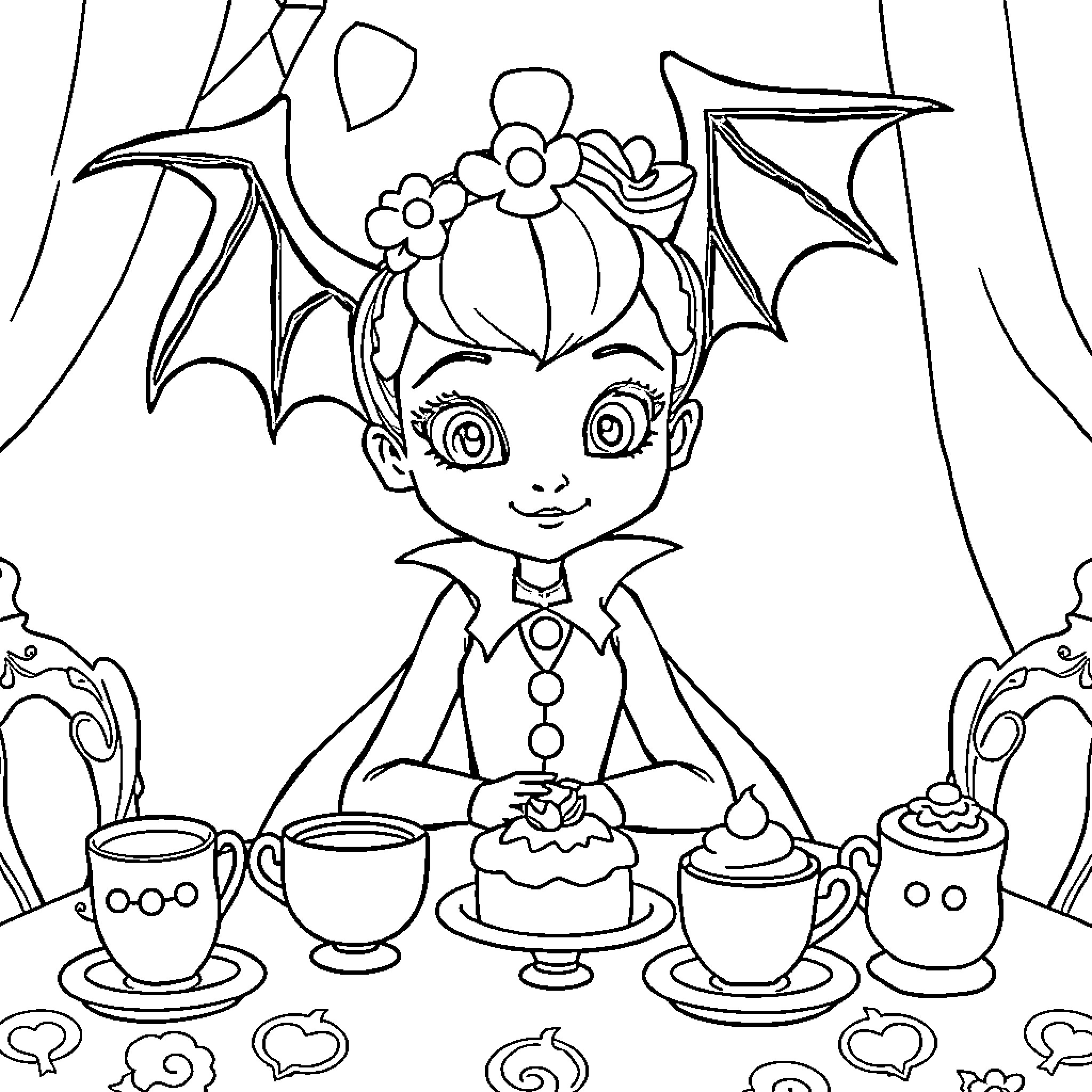 Vampirina enjoying a tea party with desserts Coloring Page (free black-and-white line drawing printable PDF for all, from beginners to advanced learners, including children, teens, adults, and seniors)