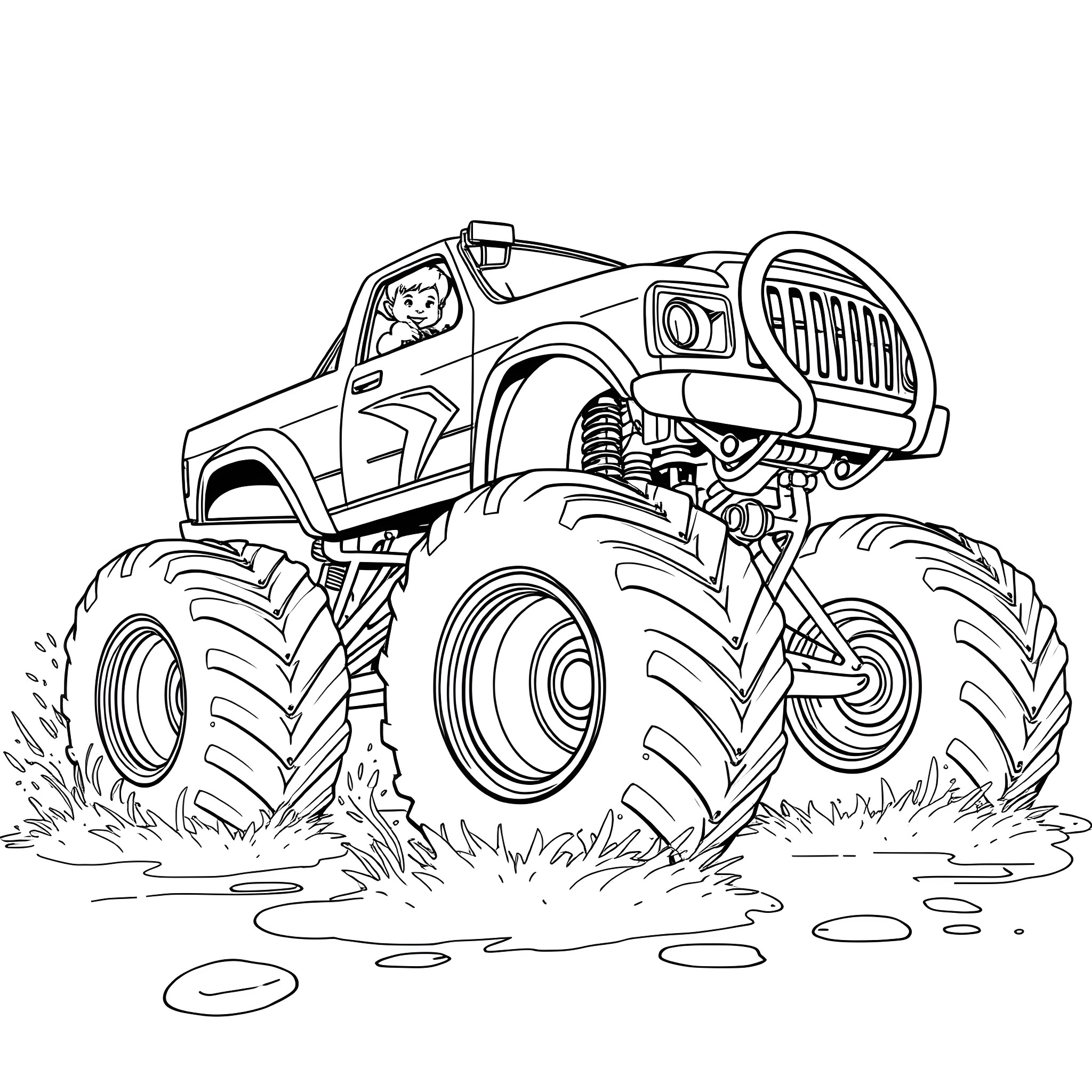 Monster Truck Crushing through Rugged Terrain Coloring Page (free black-and-white line drawing printable PDF for all, from beginners to advanced learners, including children, teens, adults, and seniors)