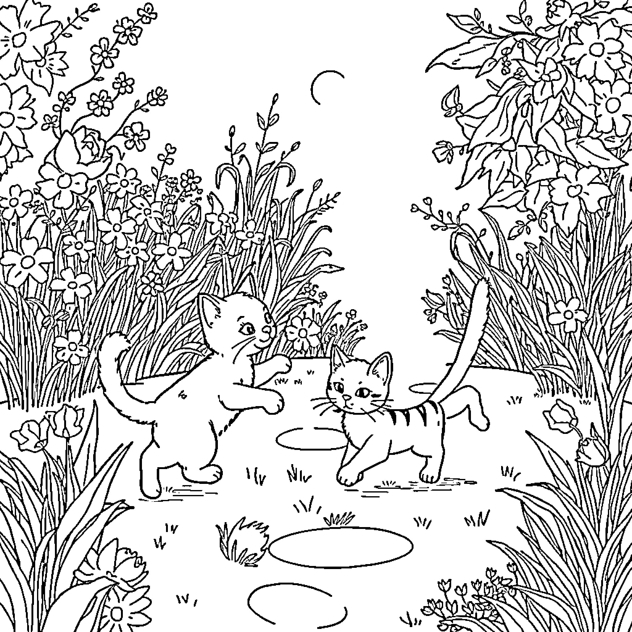 Gato playing in a flowery meadow Coloring Page (free black-and-white line drawing printable PDF for all, from beginners to advanced learners, including children, teens, adults, and seniors)