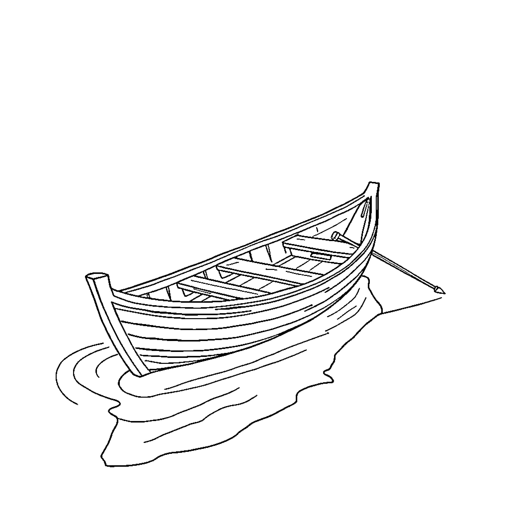 Wooden Boat Floating on Calm Waters Coloring Page (free black-and-white line drawing printable PDF for all, from beginners to advanced learners, including children, teens, adults, and seniors)