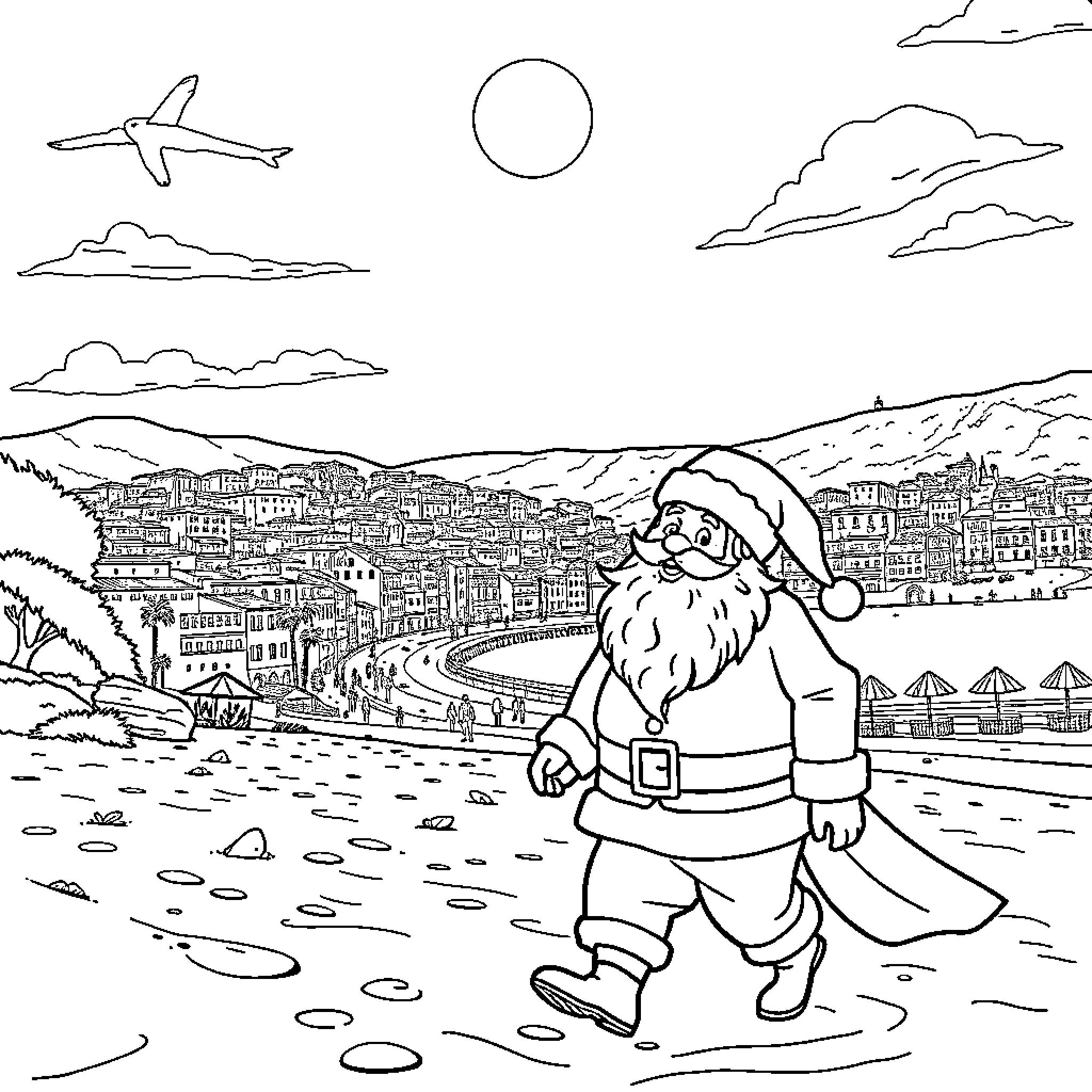 Santa Claus exploring a seaside town Coloring Page (free black-and-white line drawing printable PDF for all, from beginners to advanced learners, including children, teens, adults, and seniors)