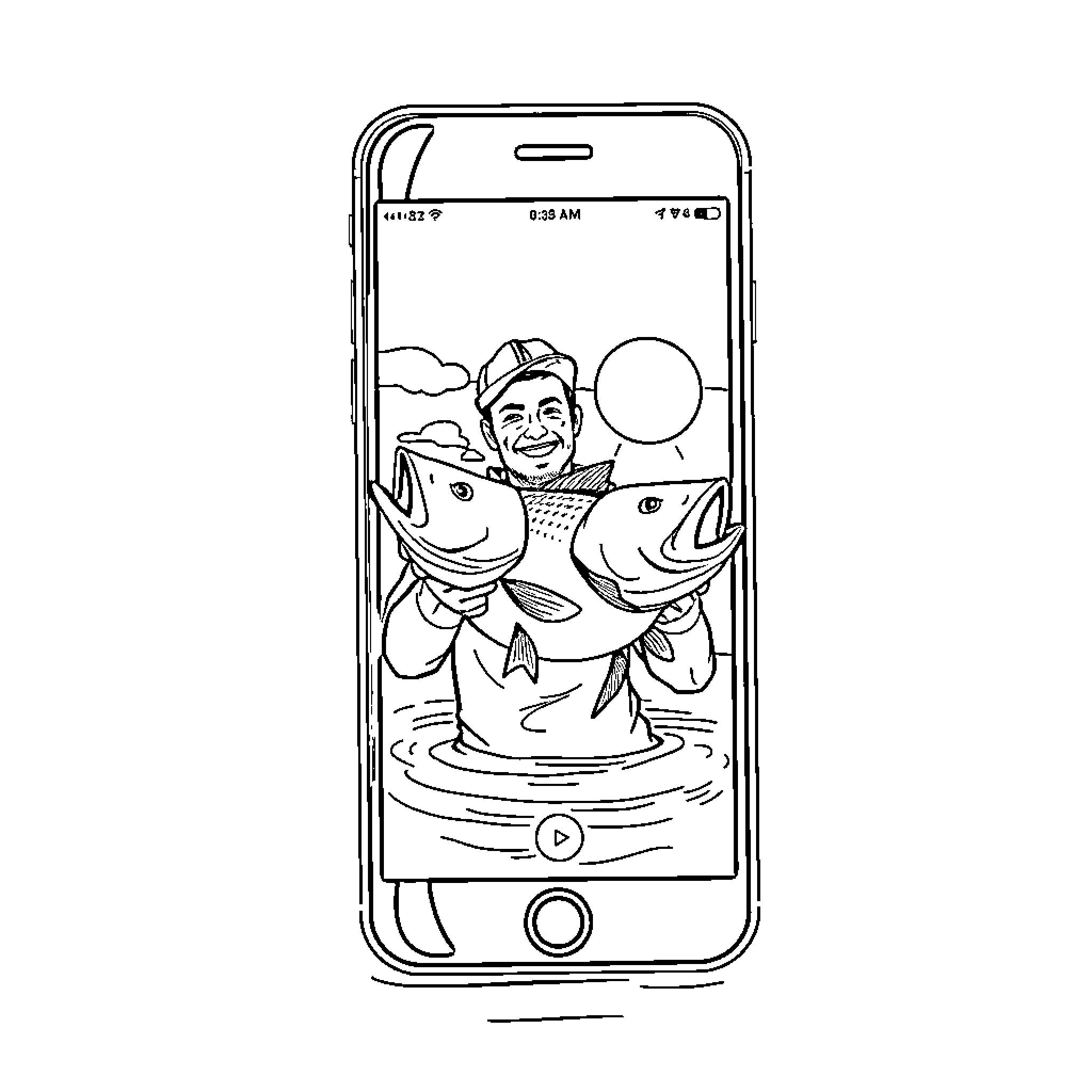 Mobile Phone Fishing Game on Smartphone Screen Coloring Page (free black-and-white line drawing printable PDF for all, from beginners to advanced learners, including children, teens, adults, and seniors)