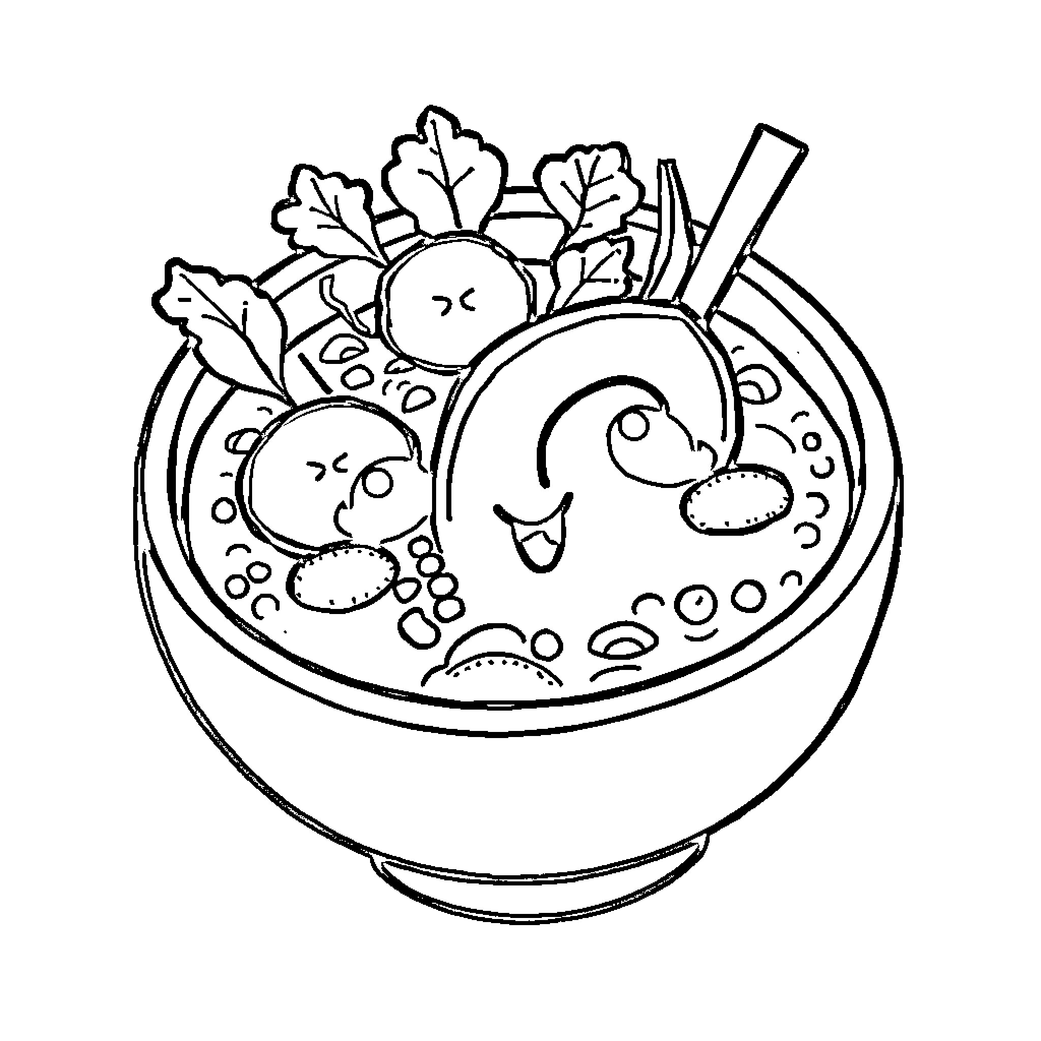 Pozole Bowl with Delicious Ingredients Coloring Page (free black-and-white line drawing printable PDF for all, from beginners to advanced learners, including children, teens, adults, and seniors)