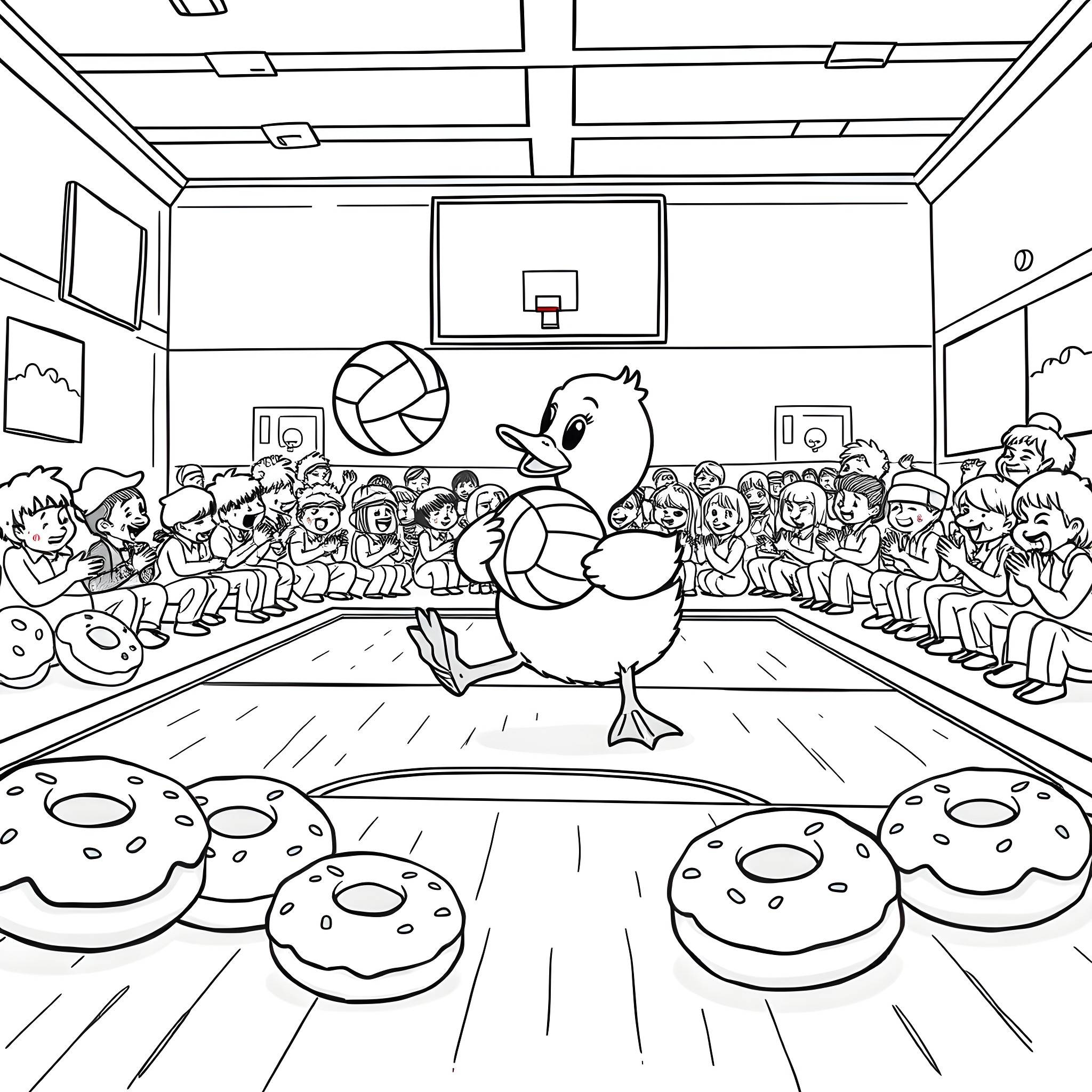 Duck leading a basketball game with audience Coloring Page (free black-and-white line drawing printable PDF for all, from beginners to advanced learners, including children, teens, adults, and seniors)