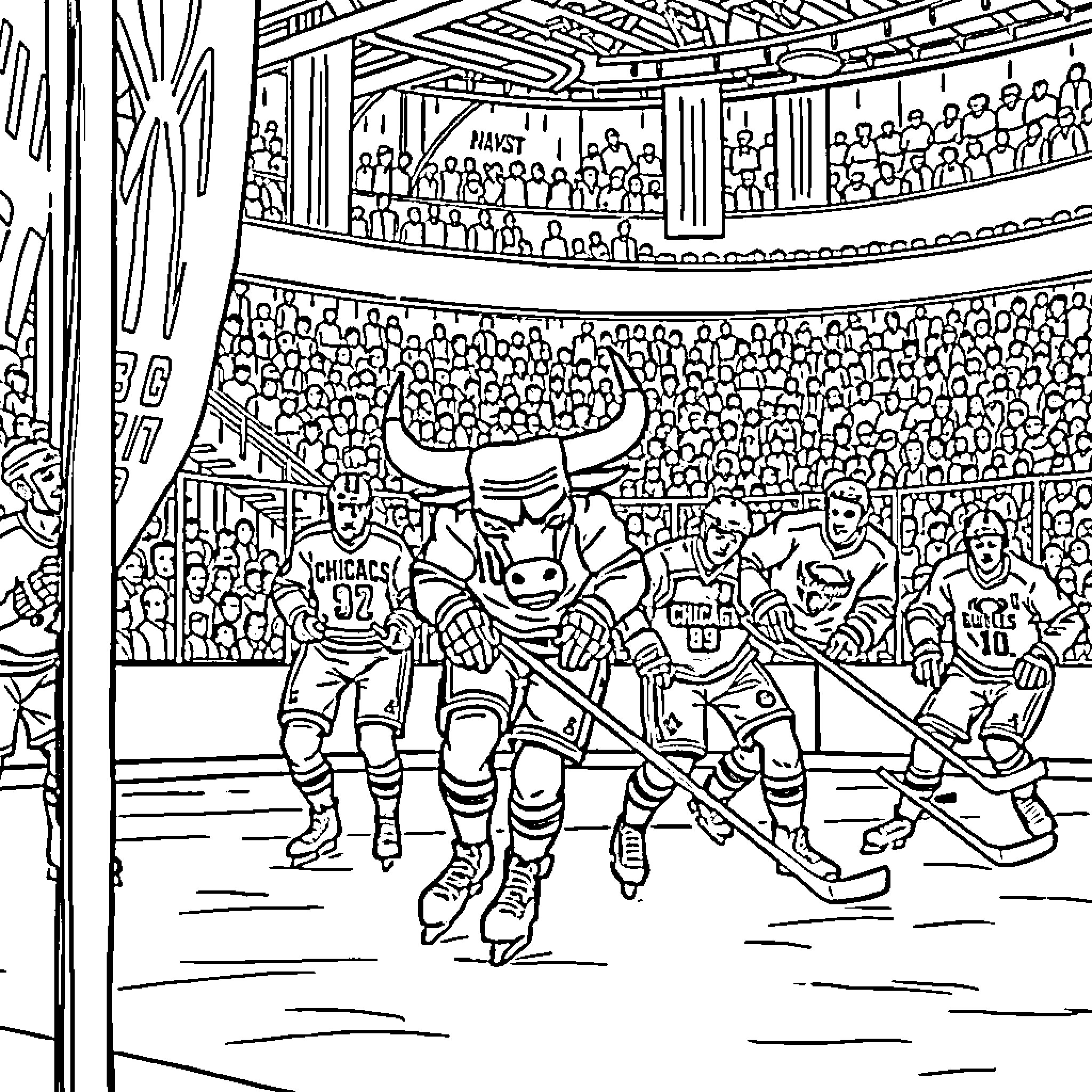 Chicago Bulls Players in Action on the Hockey Ice Rink Coloring Page (free black-and-white line drawing printable PDF for all, from beginners to advanced learners, including children, teens, adults, and seniors)