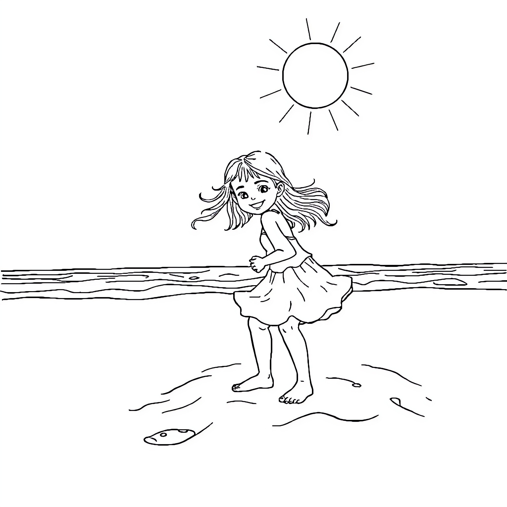 Girl exploring the beach on a sunny day Coloring Page (free black-and-white line drawing printable PDF for all, from beginners to advanced learners, including children, teens, adults, and seniors)
