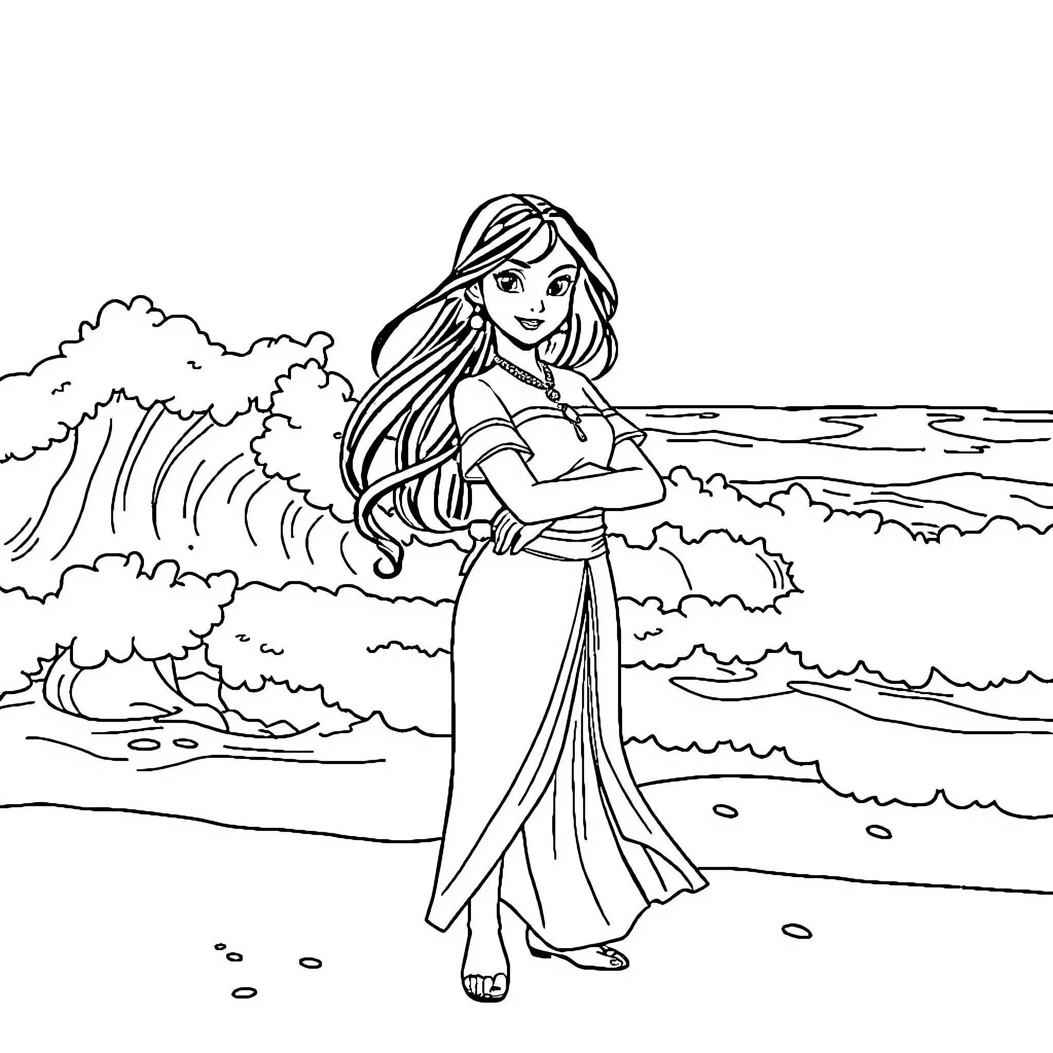 Mulan Walks Alongside Crashing Waves Coloring Page (free black-and-white line drawing printable PDF for all, from beginners to advanced learners, including children, teens, adults, and seniors)